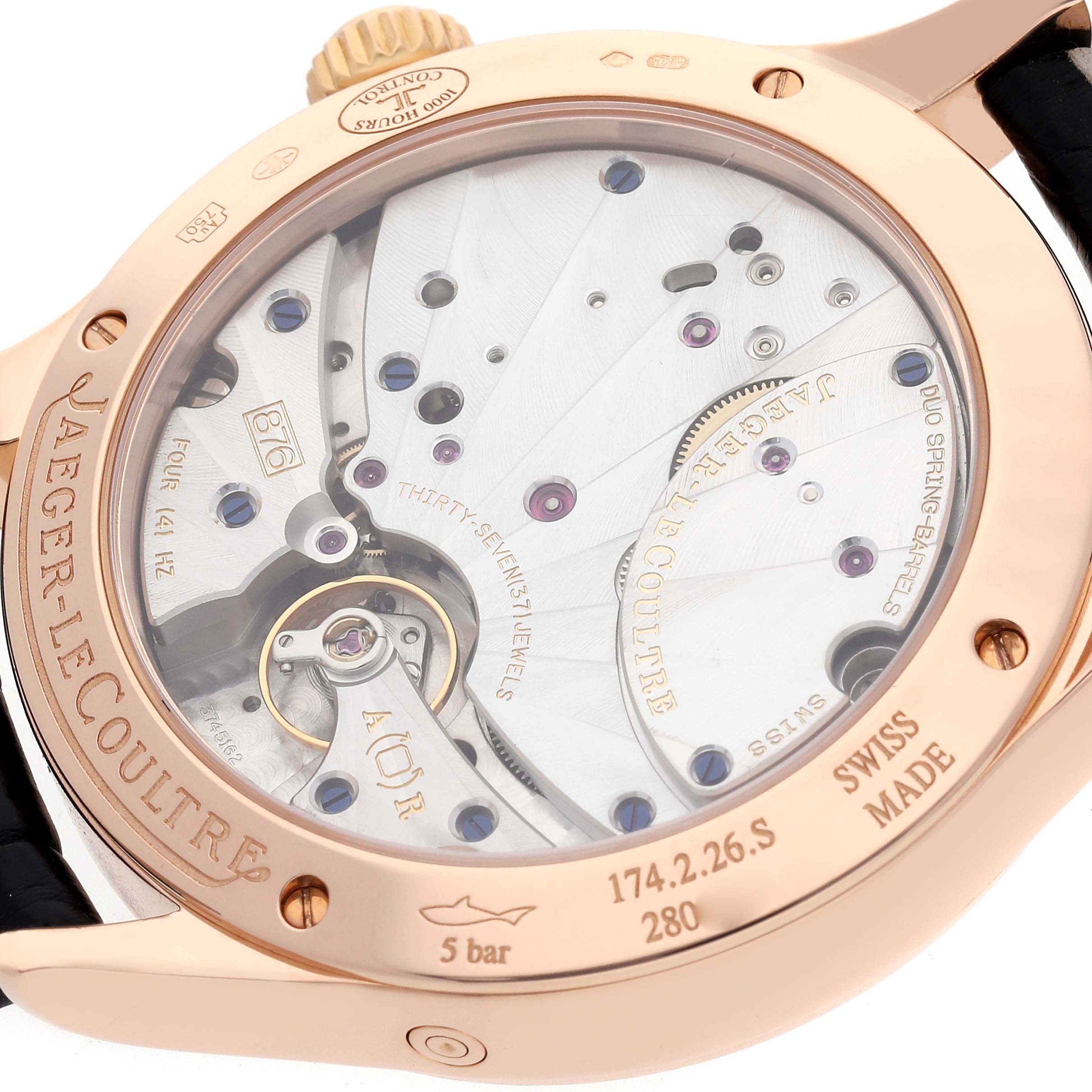 The image shows the back view of the Jaeger-LeCoultre Master model, highlighting its movement and casing details.