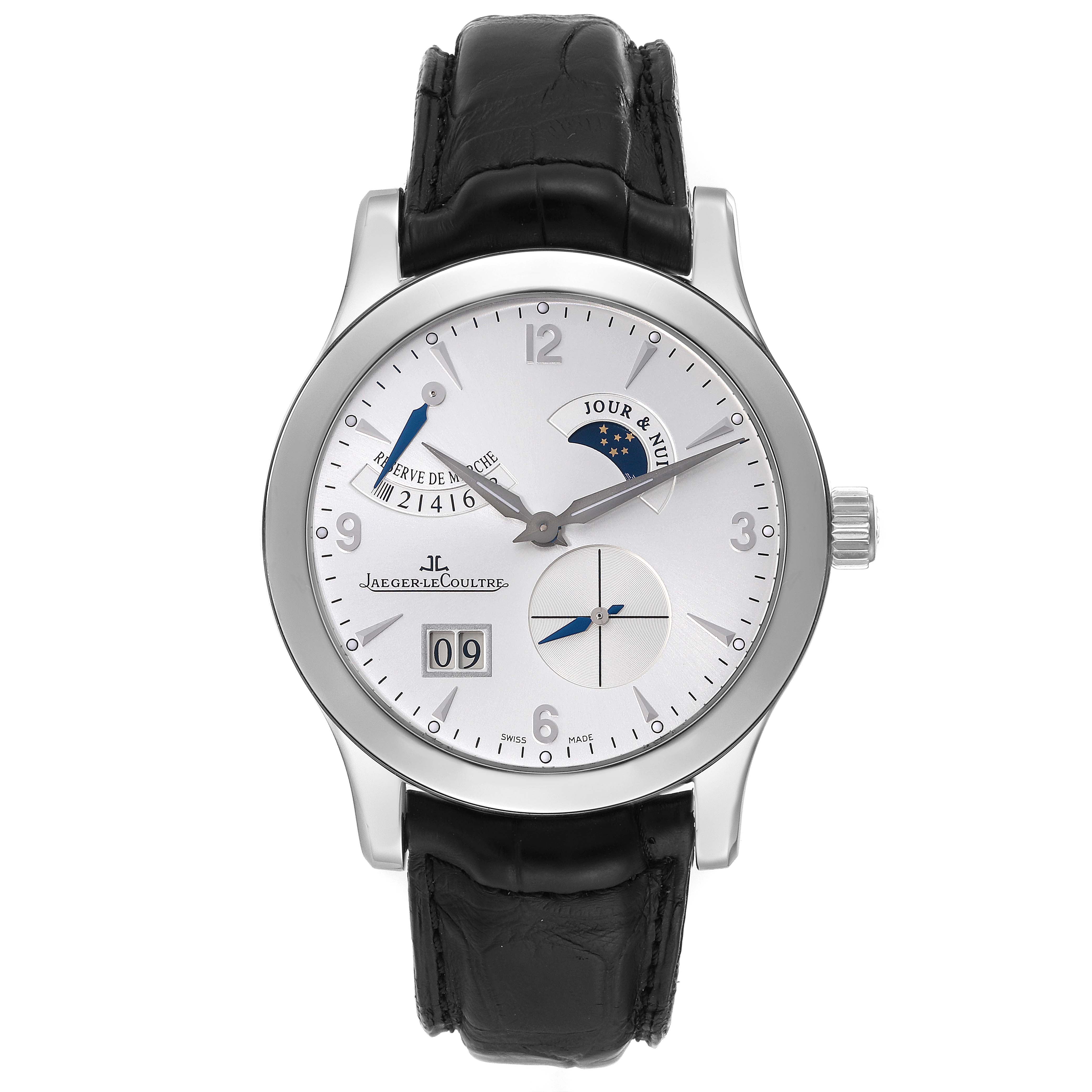 The Jaeger LeCoultre Master Q1608420 Men
s Stainless Steel Silver Dial Q1608420 Men
s Stainless Steel Silver Dial model watch is shown from a front angle, displaying its dial, case, strap, and complications.