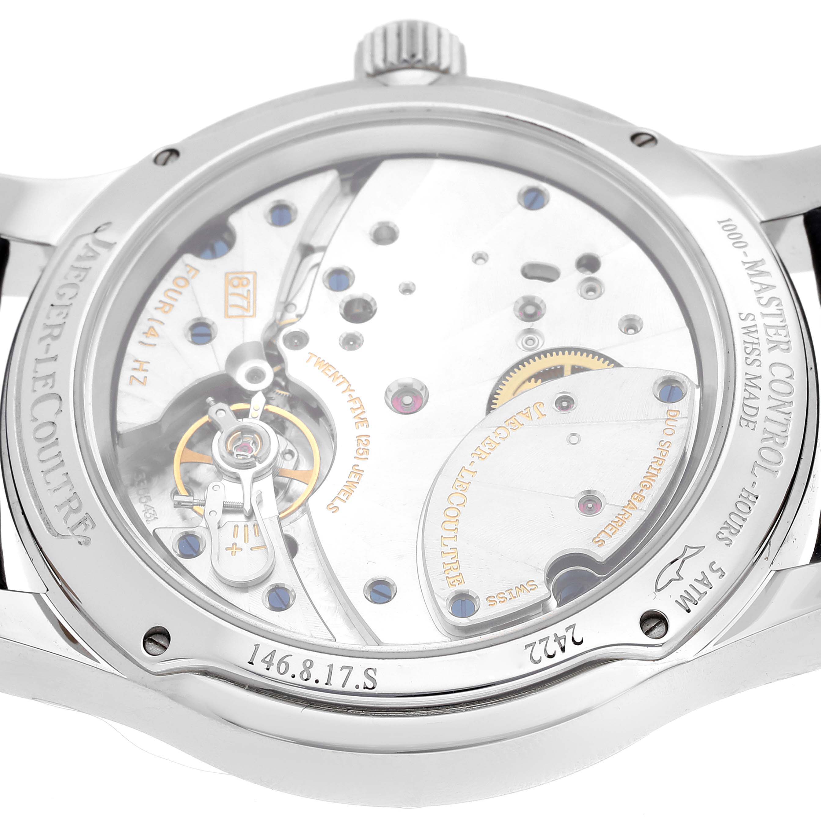 The image shows the back view of the Jaeger LeCoultre Master Q1608420 Men
s Stainless Steel Silver Dial Q1608420 Men
s Stainless Steel Silver Dial Control watch, revealing its internal mechanical components.