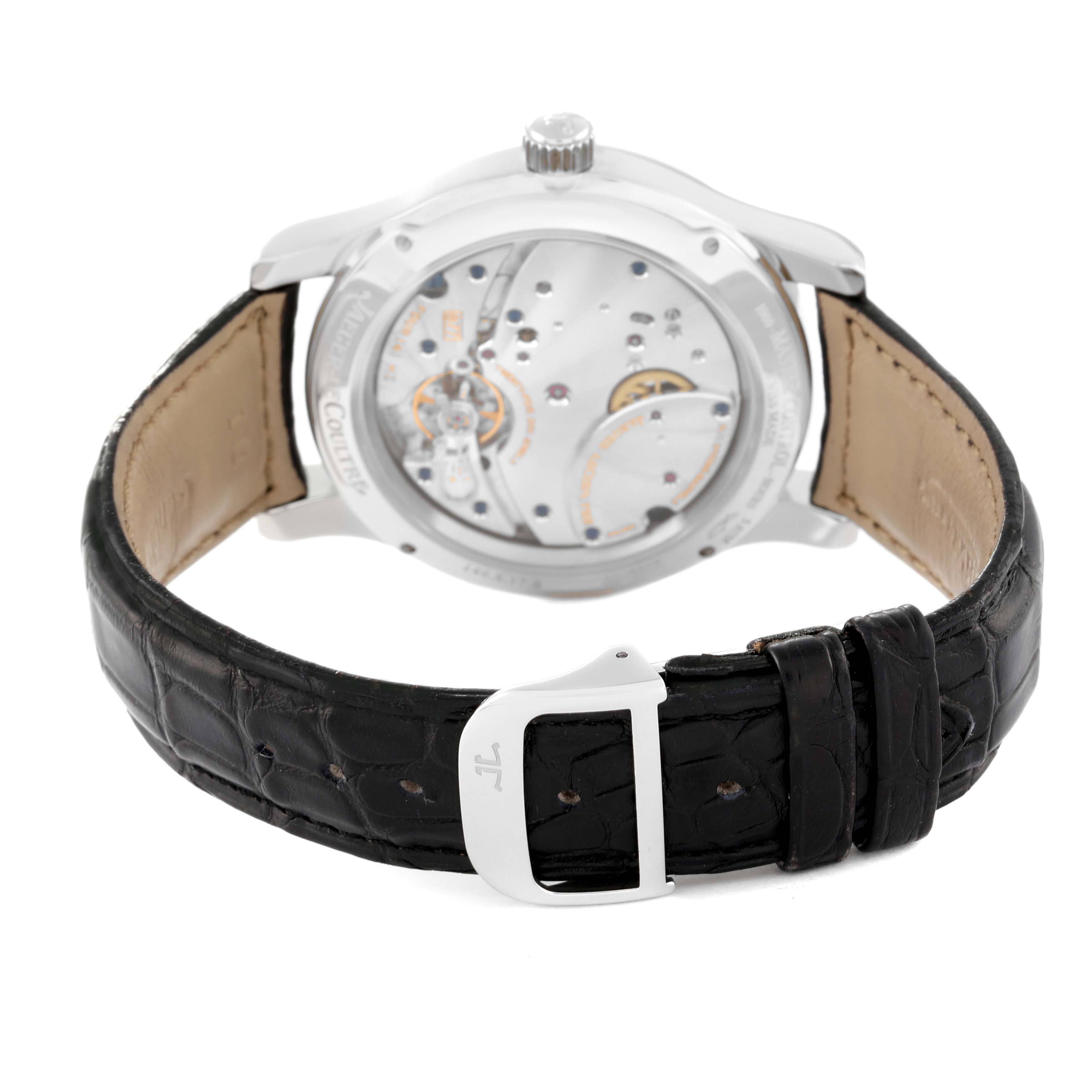 The image shows the back view of a Jaeger LeCoultre Master Q1608420 Men
s Stainless Steel Silver Dial Q1608420 Men
s Stainless Steel Silver Dial model watch, highlighting the movement and black leather strap.