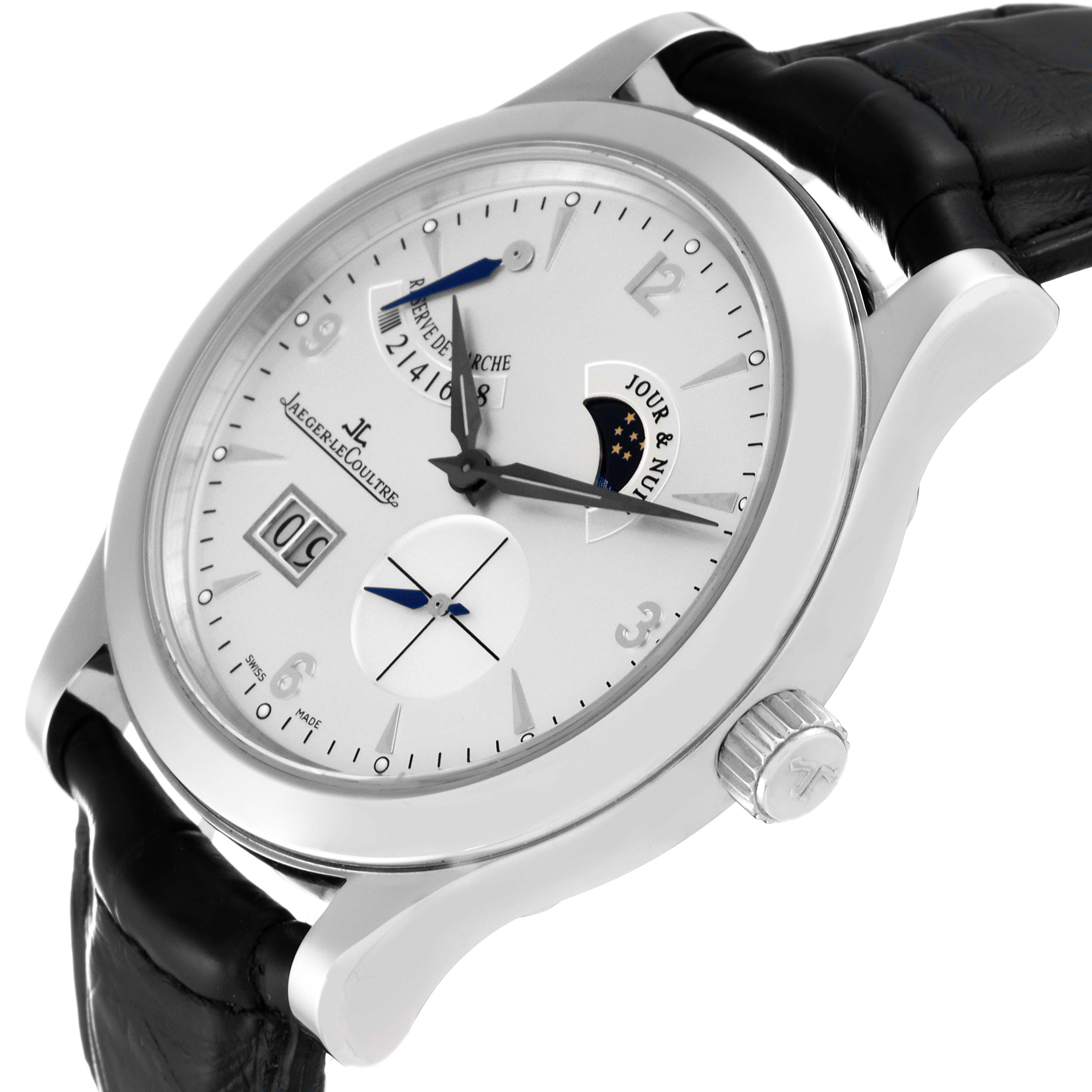 This image shows a Jaeger LeCoultre Master Q1608420 Men
s Stainless Steel Silver Dial Q1608420 Men
s Stainless Steel Silver Dial model watch at an angle, displaying the dial, crown, and part of the leather strap.