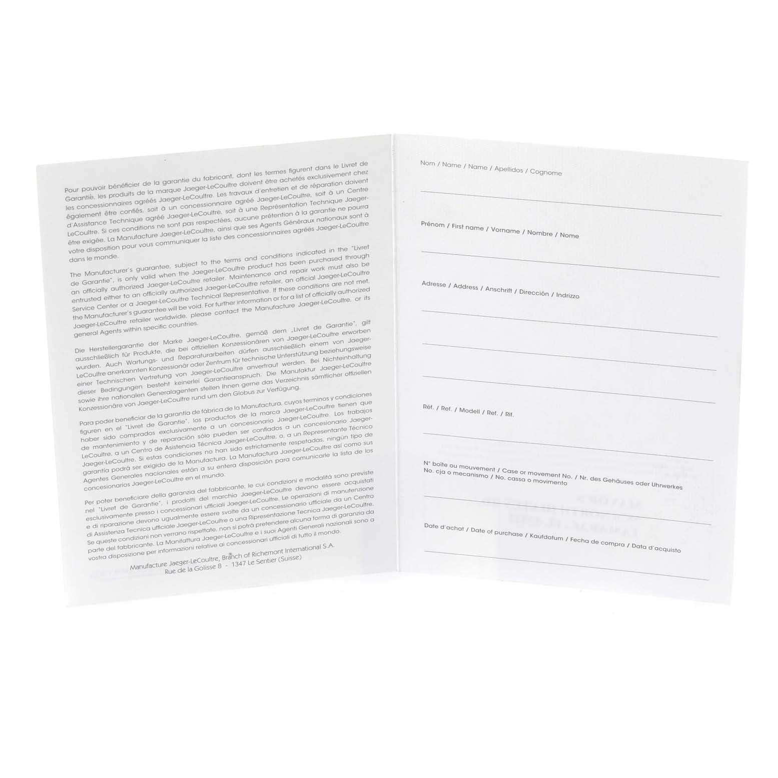 The image shows an open warranty card for the Jaeger LeCoultre Master Q1608420 Men
s Stainless Steel Silver Dial Q1608420 Men
s Stainless Steel Silver Dial model watch, with sections for personal and purchase details.