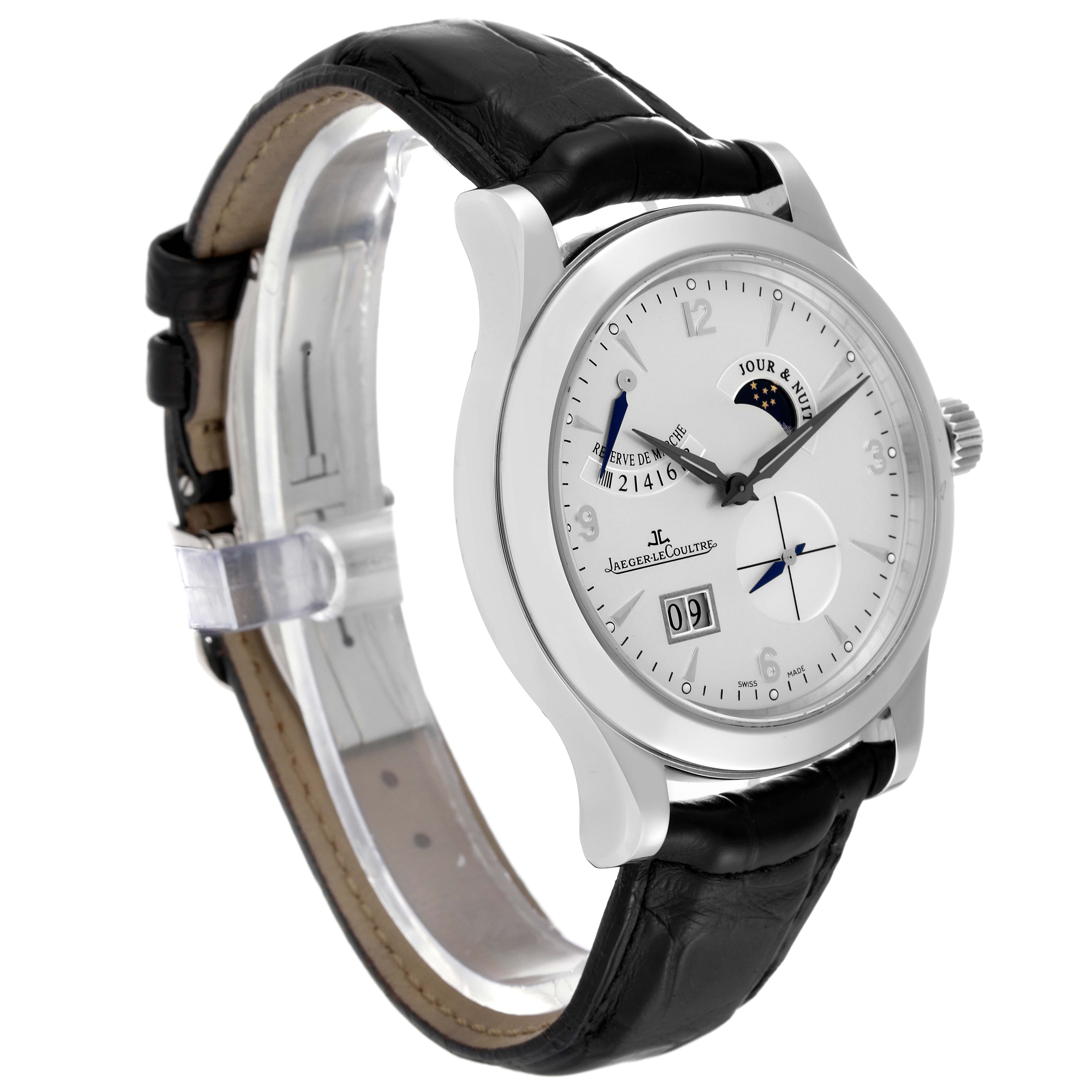 The image shows the Jaeger LeCoultre Master Q1608420 Men
s Stainless Steel Silver Dial Q1608420 Men
s Stainless Steel Silver Dial watch at an angled front view, highlighting the face, leather band, and crown.