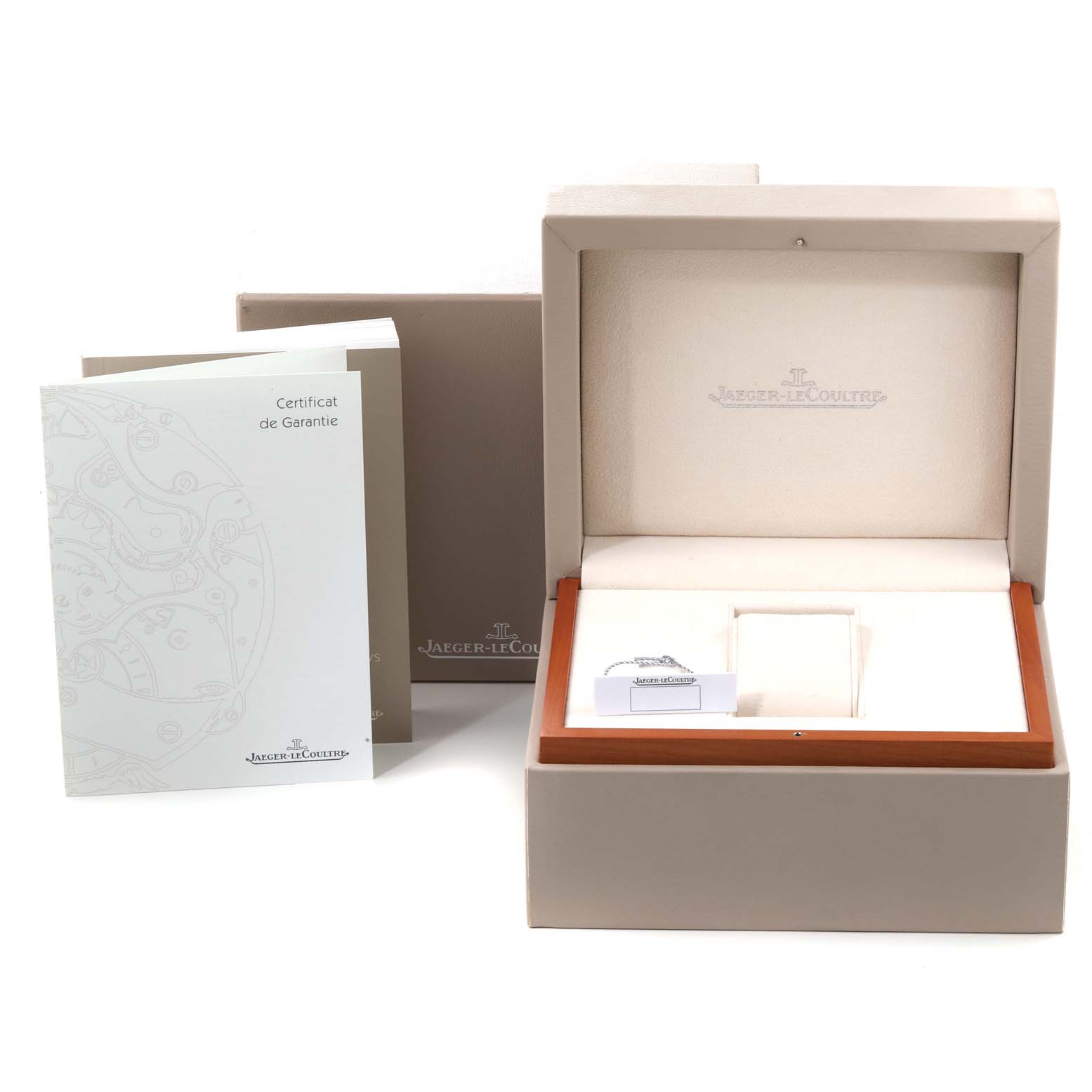 The angle shows the open box, documentation, and accessories of the Jaeger LeCoultre Master Q1608420 Men
s Stainless Steel Silver Dial Q1608420 Men
s Stainless Steel Silver Dial model watch.