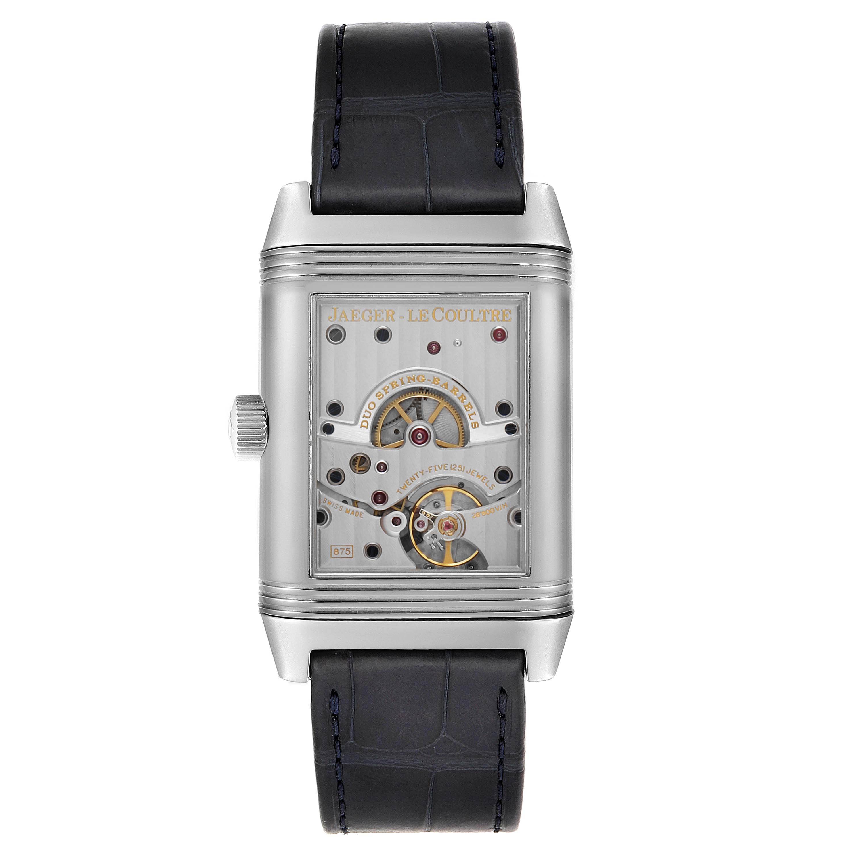 The image shows the back view of the Jaeger LeCoultre Reverso Q3008420 Men's Stainless Steel Silver Dial Q3008420 Men's Stainless Steel Silver Dial watch, highlighting its internal mechanics and engraving.