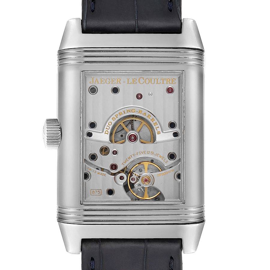 This image shows the back of a Jaeger-LeCoultre Reverso watch, revealing its exposed mechanical movement.