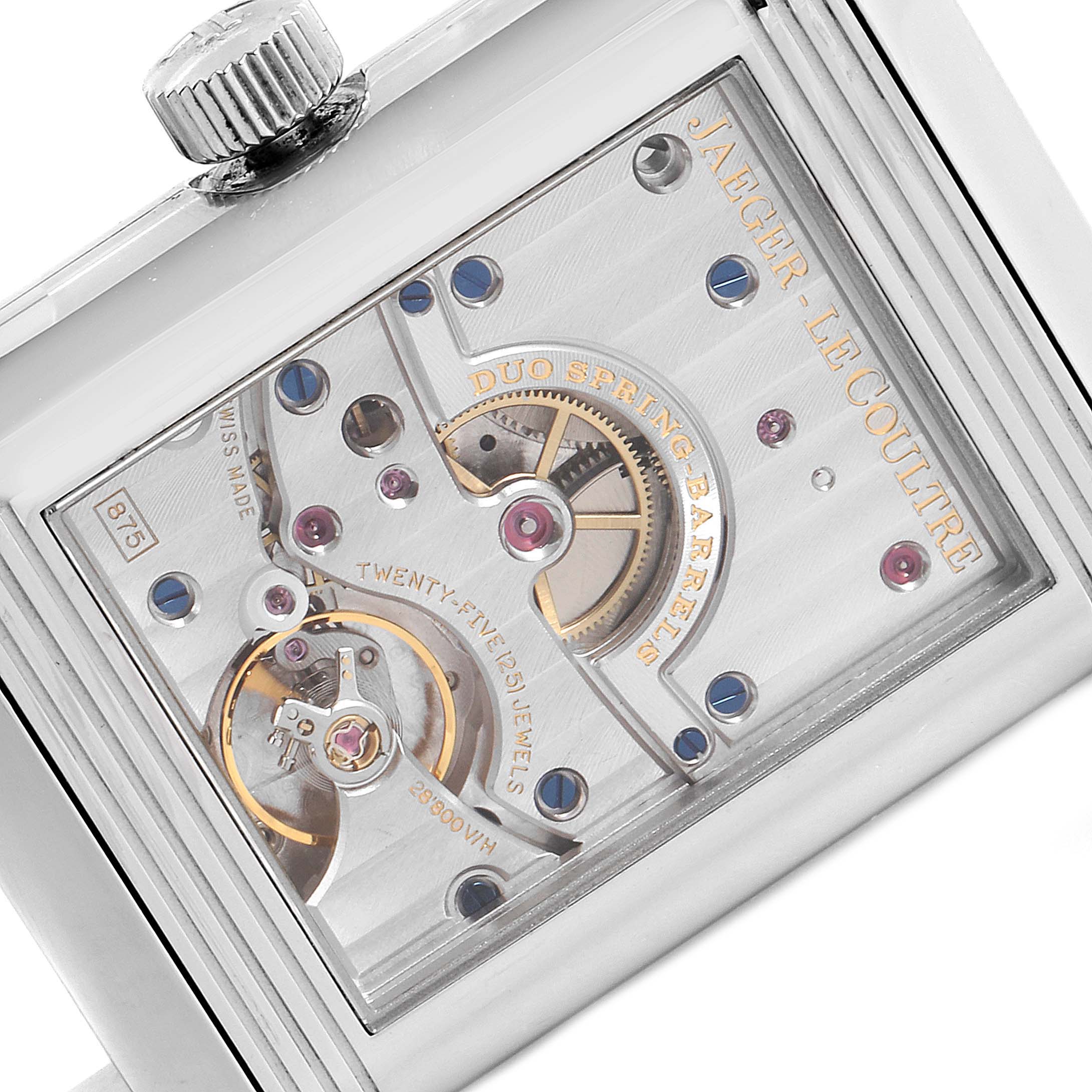 The image shows the movement of a Jaeger-LeCoultre Reverso watch from a slightly angled top view.