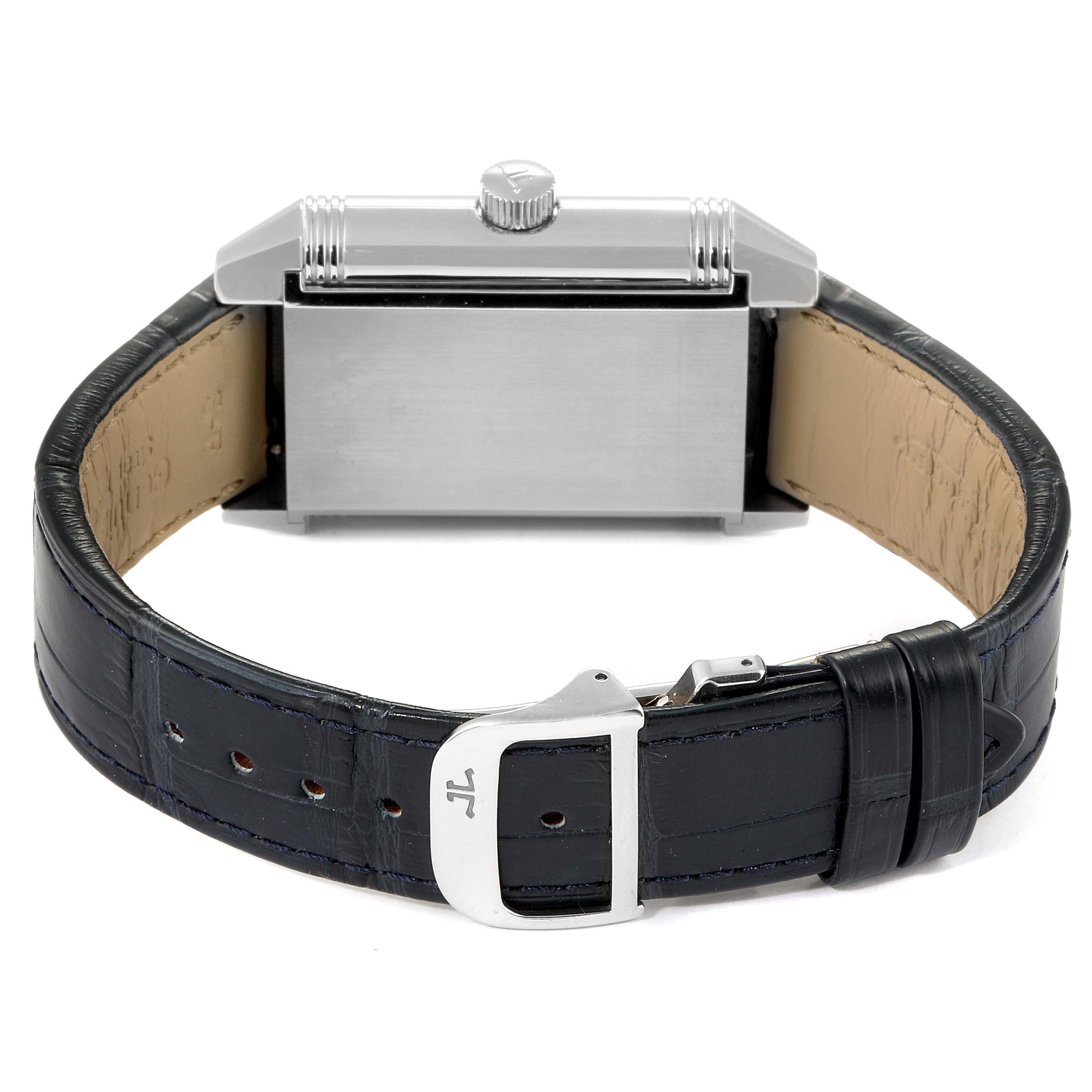 The image shows the back and side of the Jaeger LeCoultre Reverso Q3008420 Men's Stainless Steel Silver Dial Q3008420 Men's Stainless Steel Silver Dial watch with a black leather strap and silver buckle.