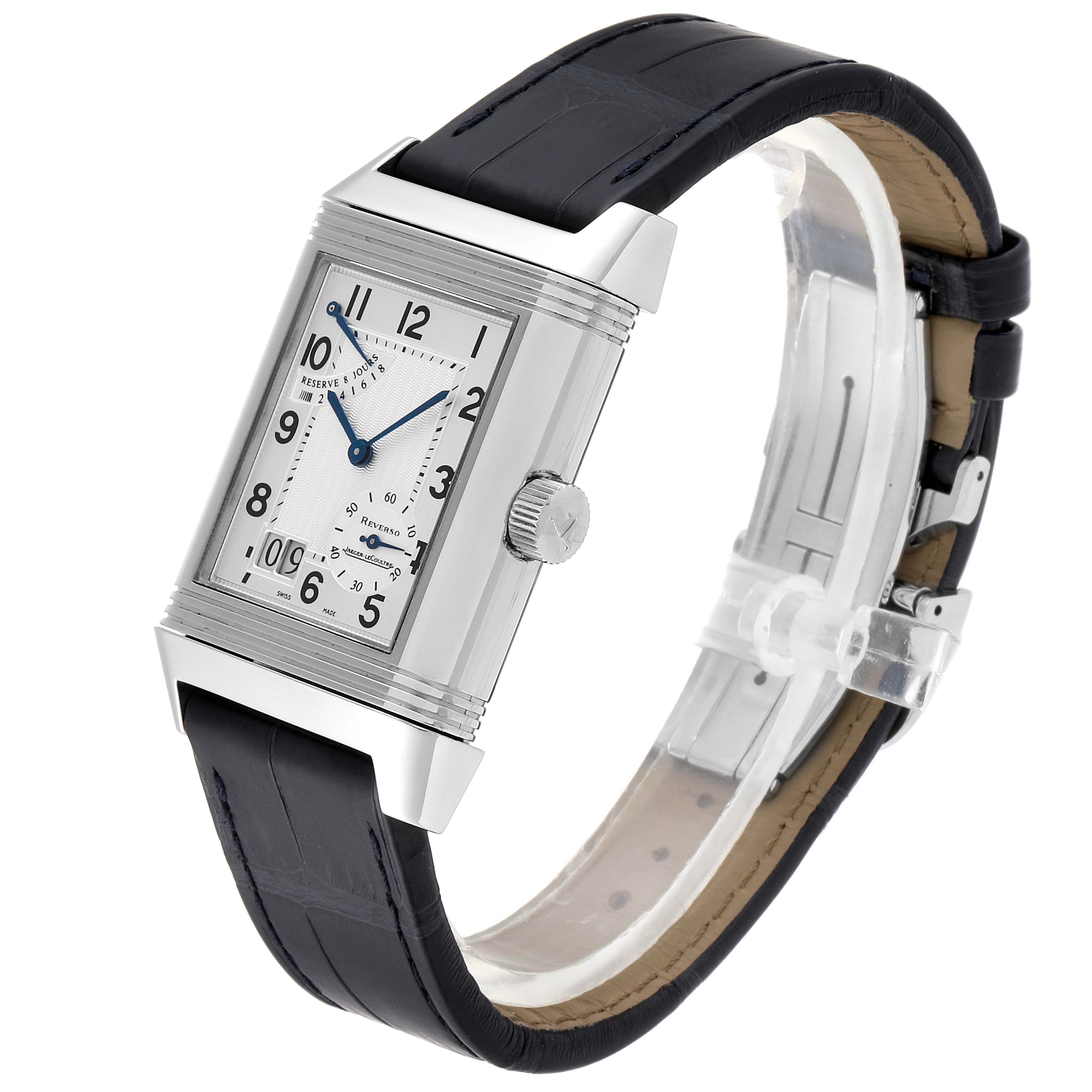 The image shows the front view of a Jaeger LeCoultre Reverso Q3008420 Men's Stainless Steel Silver Dial Q3008420 Men's Stainless Steel Silver Dial watch, highlighting the dial, case, and black leather strap.