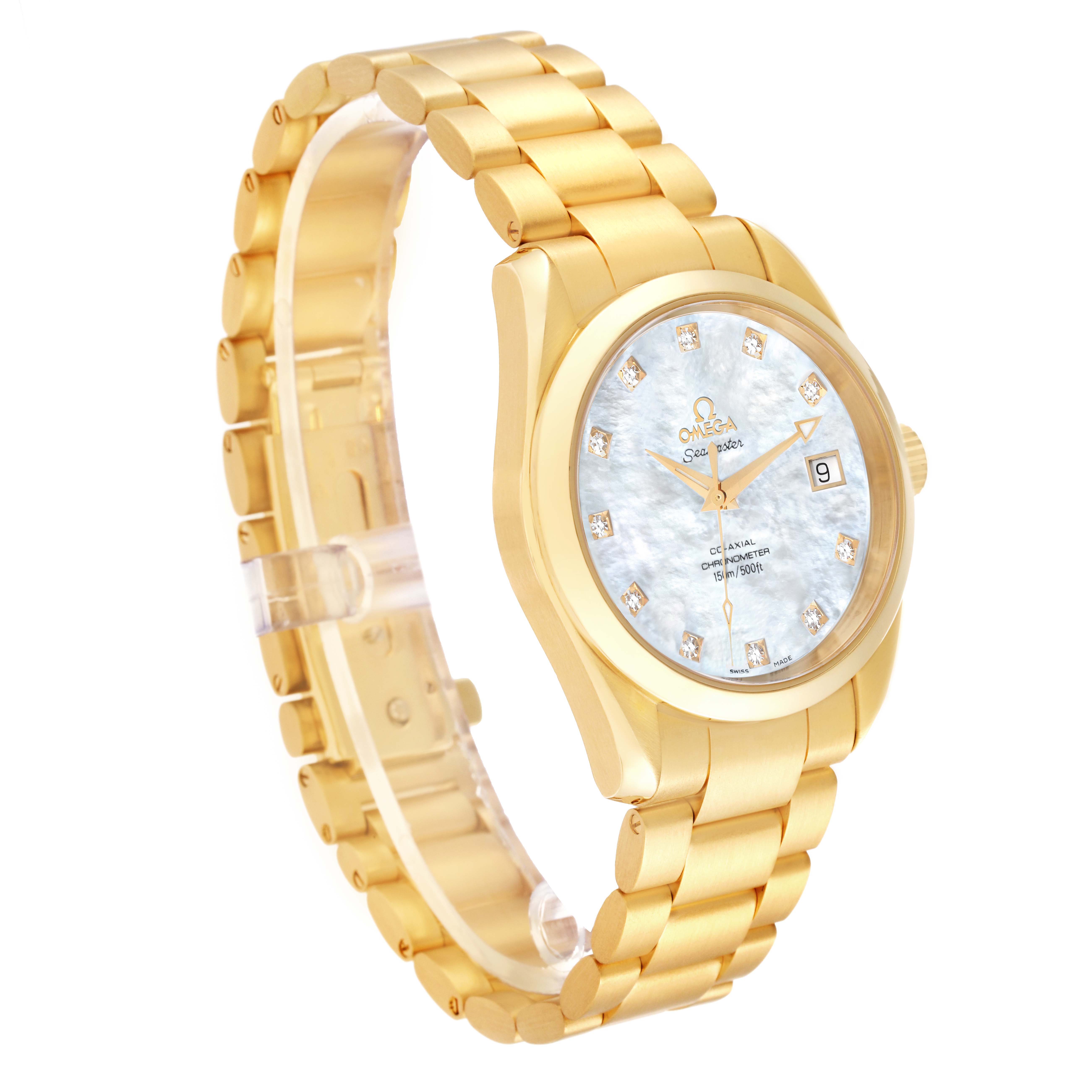 The Omega Aqua Terra 2104.75.00 Men's Yellow Gold Mother of Pearl Dial 2104.75.00 Men's Yellow Gold Mother of Pearl Dial watch is shown from a front-right angle, displaying the face, bracelet, and clasp.