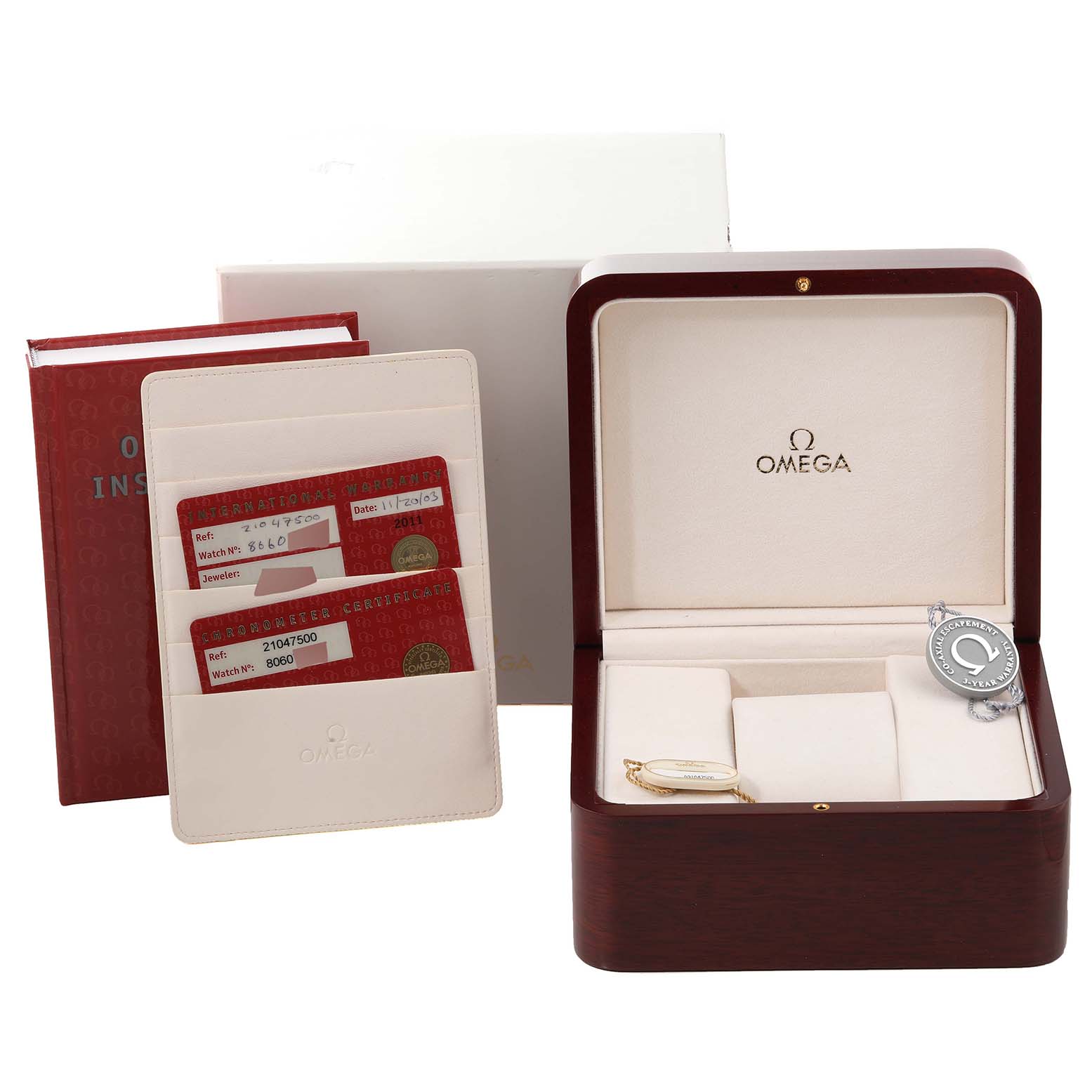 The image shows an Omega Aqua Terra 2104.75.00 Men's Yellow Gold Mother of Pearl Dial 2104.75.00 Men's Yellow Gold Mother of Pearl Dial watch box, cards in a holder, an instruction booklet, and a certification medallion.