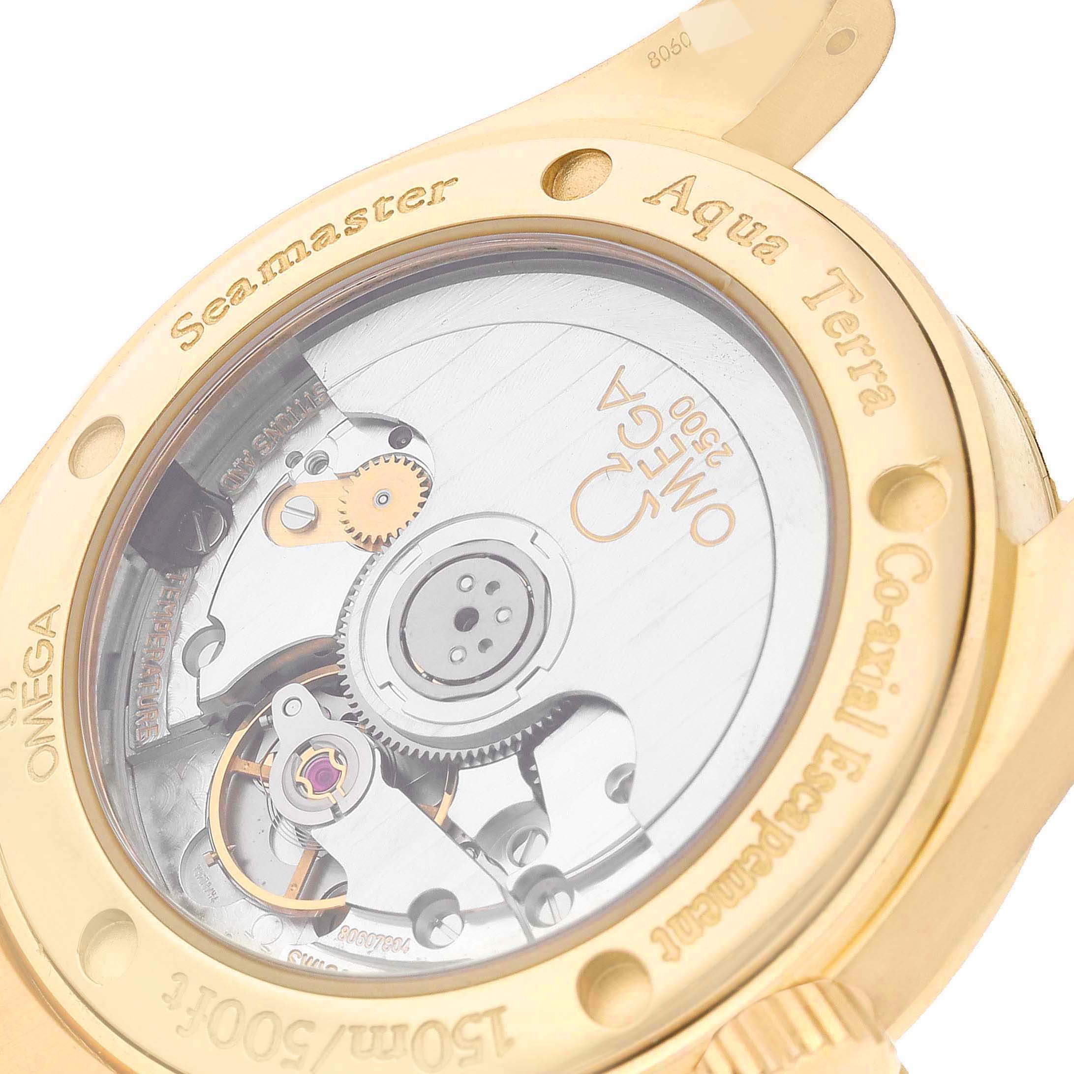This image shows the underside of the Omega Aqua Terra 2104.75.00 Men's Yellow Gold Mother of Pearl Dial 2104.75.00 Men's Yellow Gold Mother of Pearl Dial watch, highlighting its movement through the transparent case back.