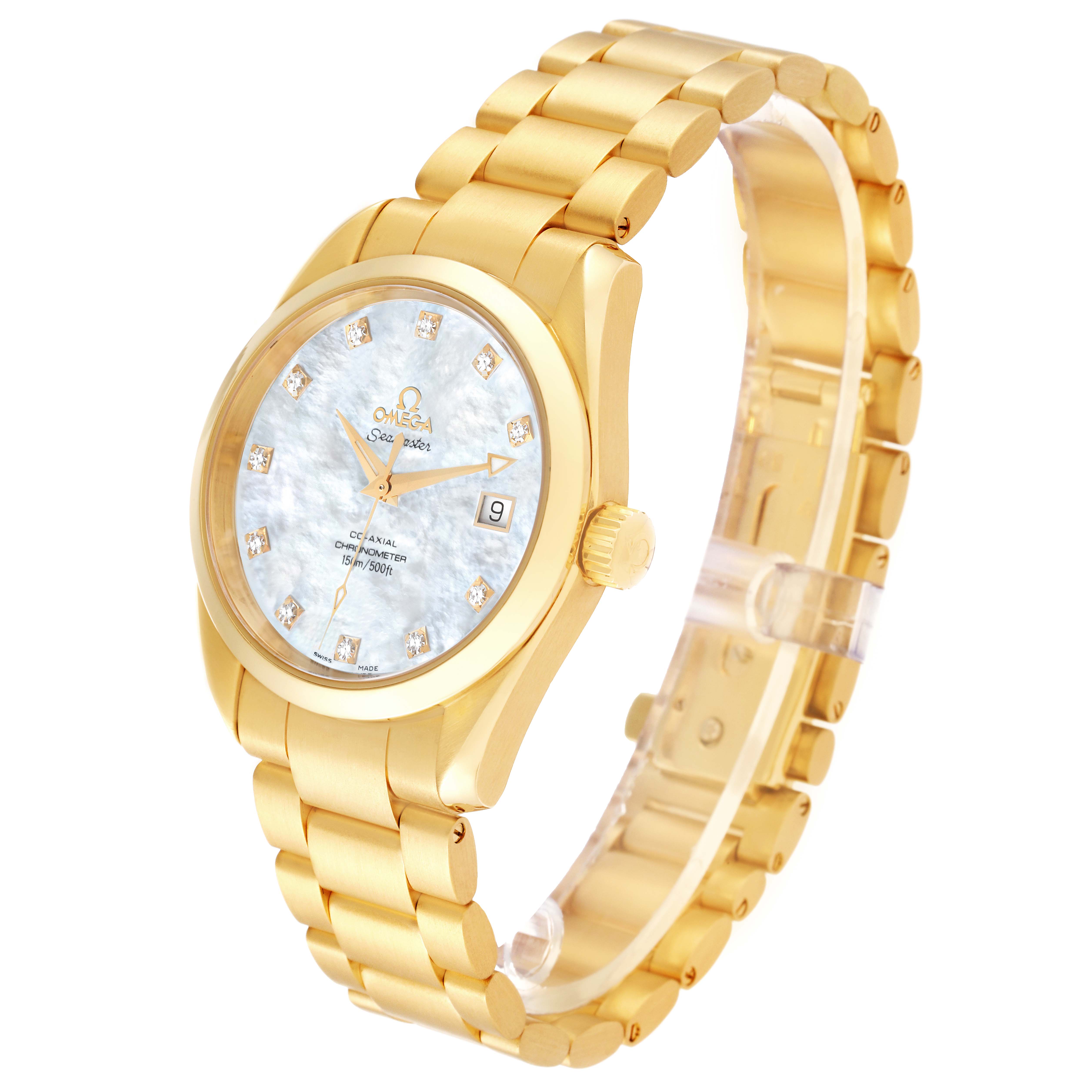 The Omega Aqua Terra 2104.75.00 Men's Yellow Gold Mother of Pearl Dial 2104.75.00 Men's Yellow Gold Mother of Pearl Dial watch is shown at an angle, displaying its gold case, bracelet, and mother-of-pearl dial with diamond markers.