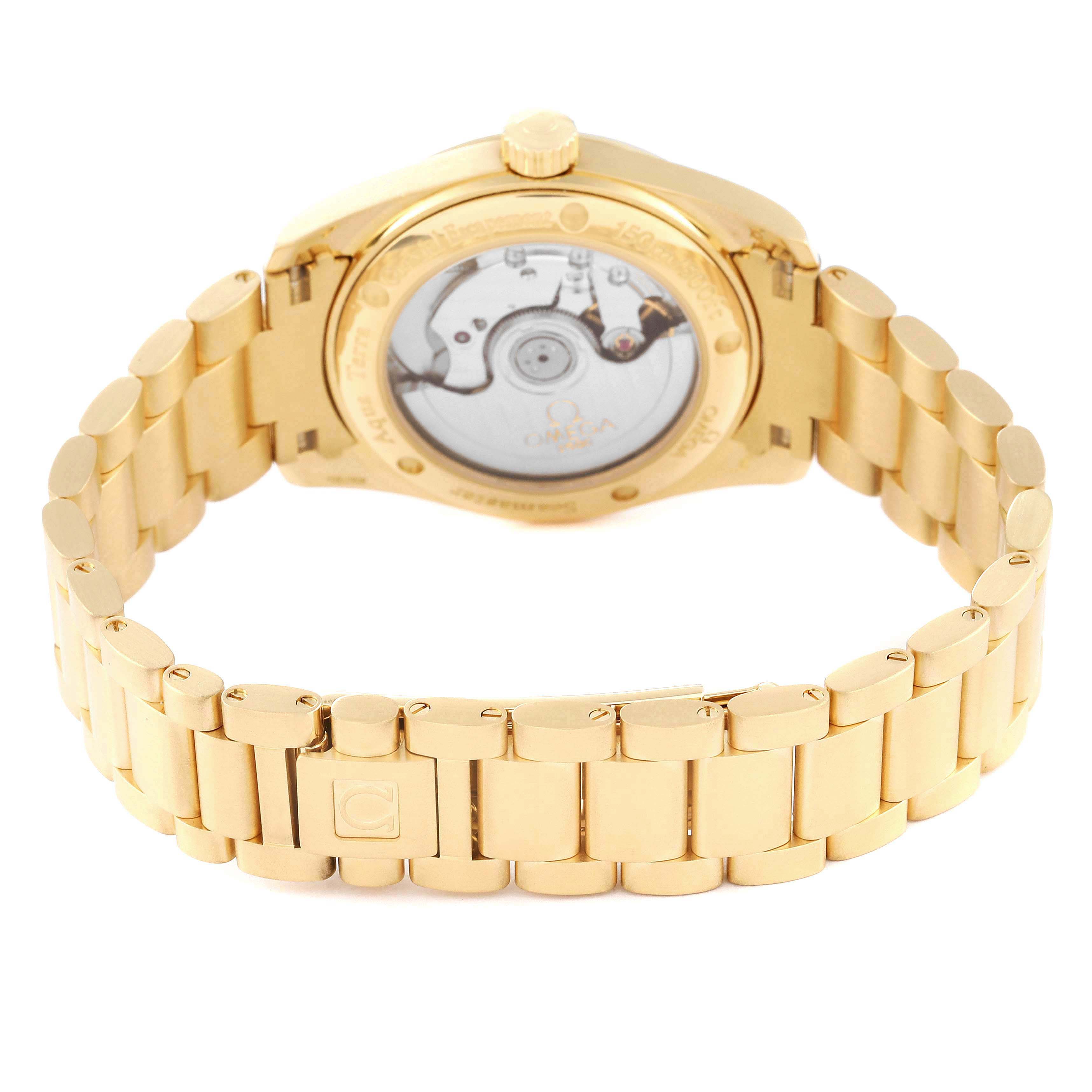 The image shows the back view of an Omega Aqua Terra 2104.75.00 Men's Yellow Gold Mother of Pearl Dial 2104.75.00 Men's Yellow Gold Mother of Pearl Dial model, highlighting the gold bracelet and transparent case back.