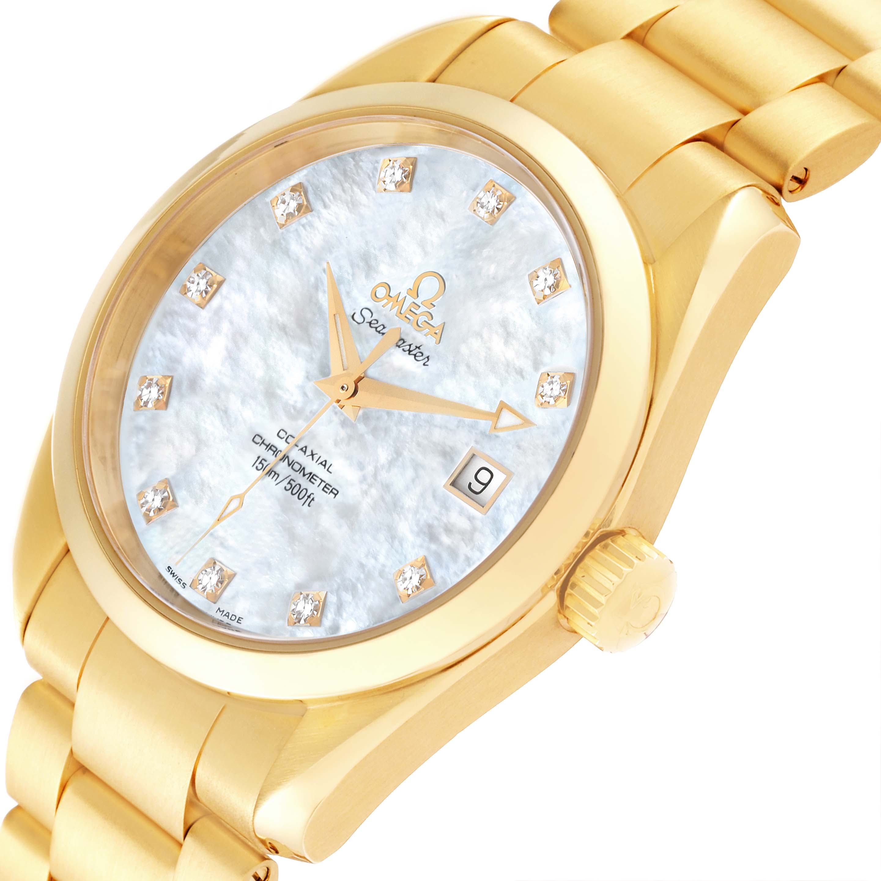 The Omega Aqua Terra 2104.75.00 Men's Yellow Gold Mother of Pearl Dial 2104.75.00 Men's Yellow Gold Mother of Pearl Dial watch is shown at a slight angle, highlighting its gold casing, bracelet, crown, and mother-of-pearl dial.