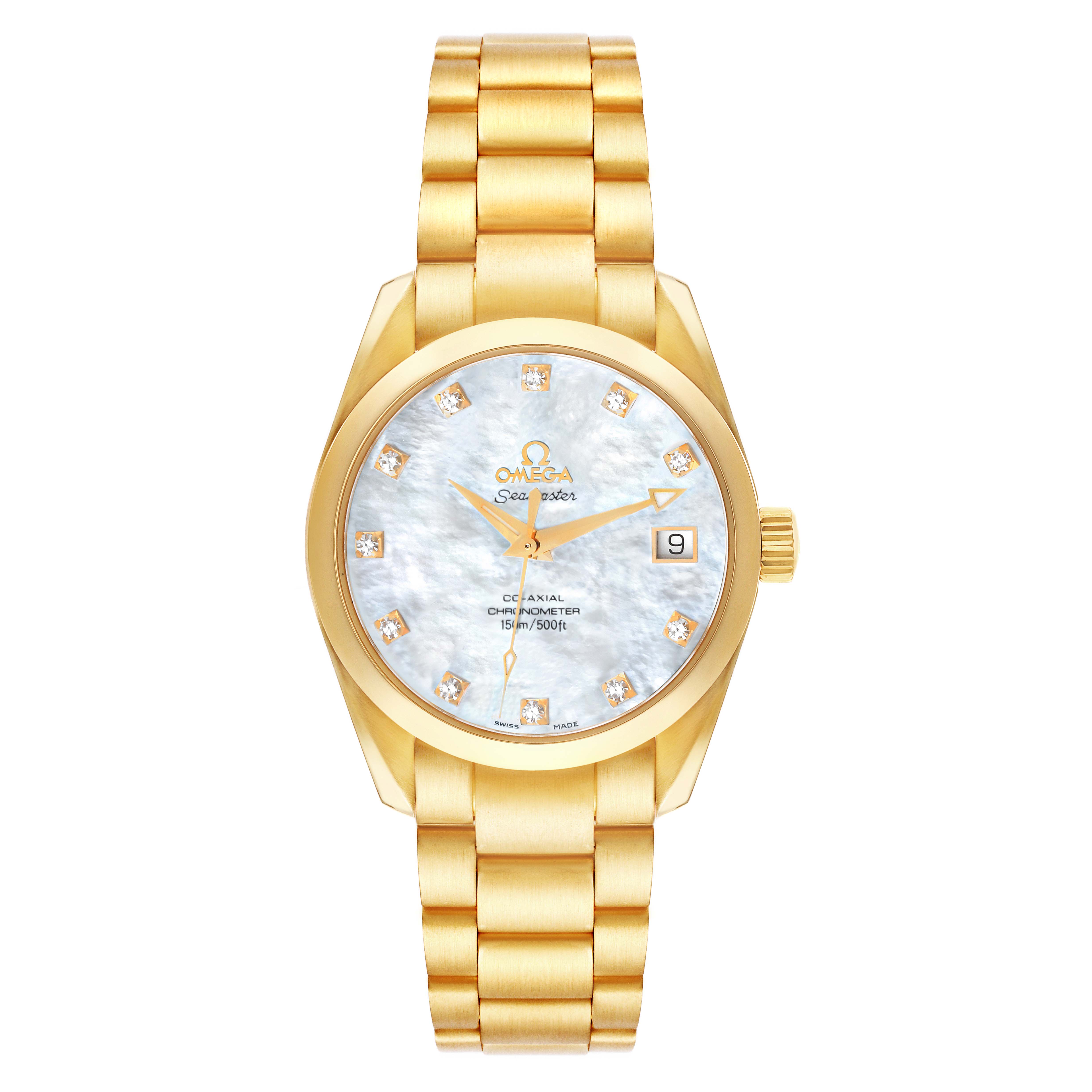 The image shows a frontal view of the Omega Aqua Terra 2104.75.00 Men's Yellow Gold Mother of Pearl Dial 2104.75.00 Men's Yellow Gold Mother of Pearl Dial model watch, displaying its gold case, bracelet, and dial.