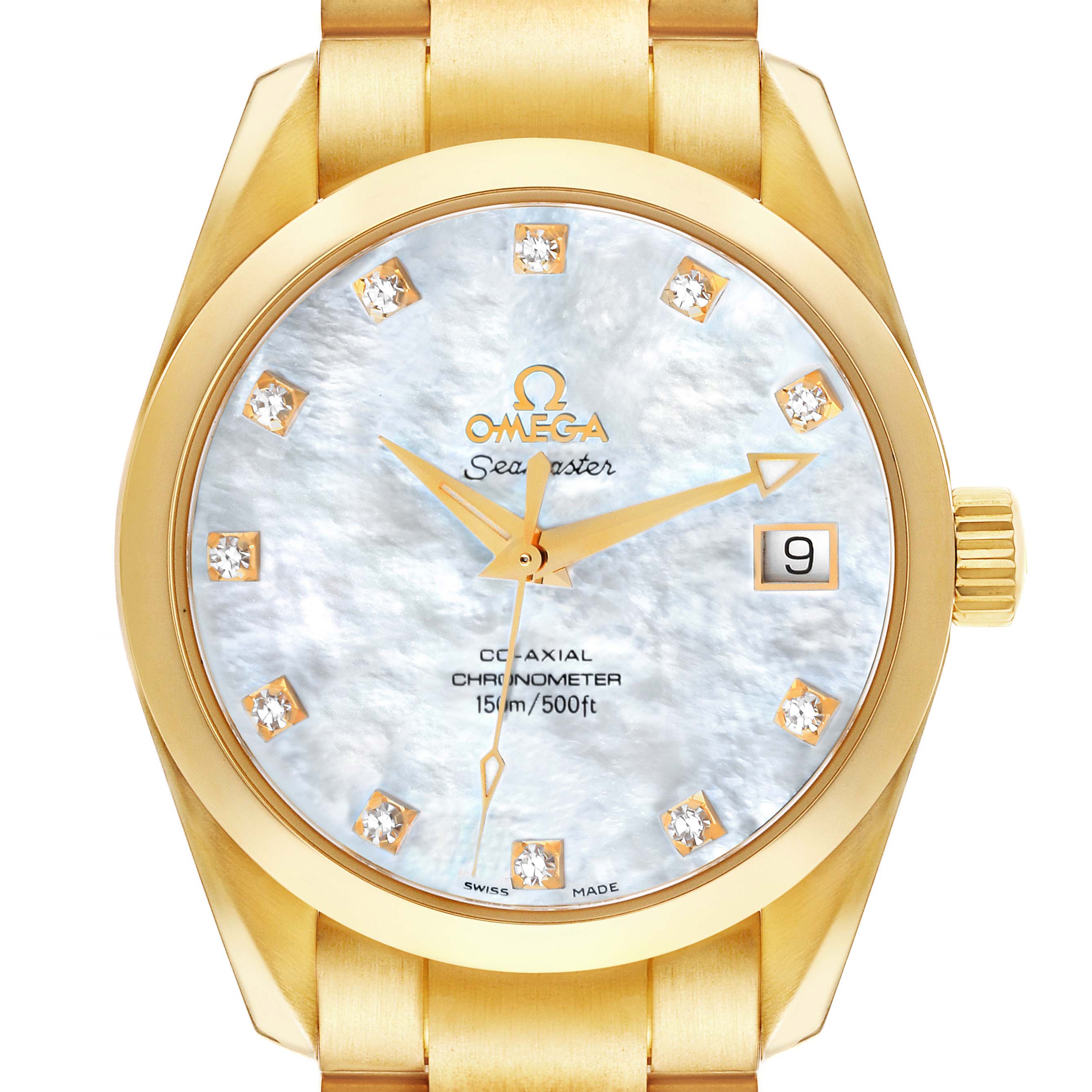 This image shows a close-up of the dial and crown of the Omega Aqua Terra 2104.75.00 Men's Yellow Gold Mother of Pearl Dial 2104.75.00 Men's Yellow Gold Mother of Pearl Dial watch in gold, featuring diamond hour markers and a date display.