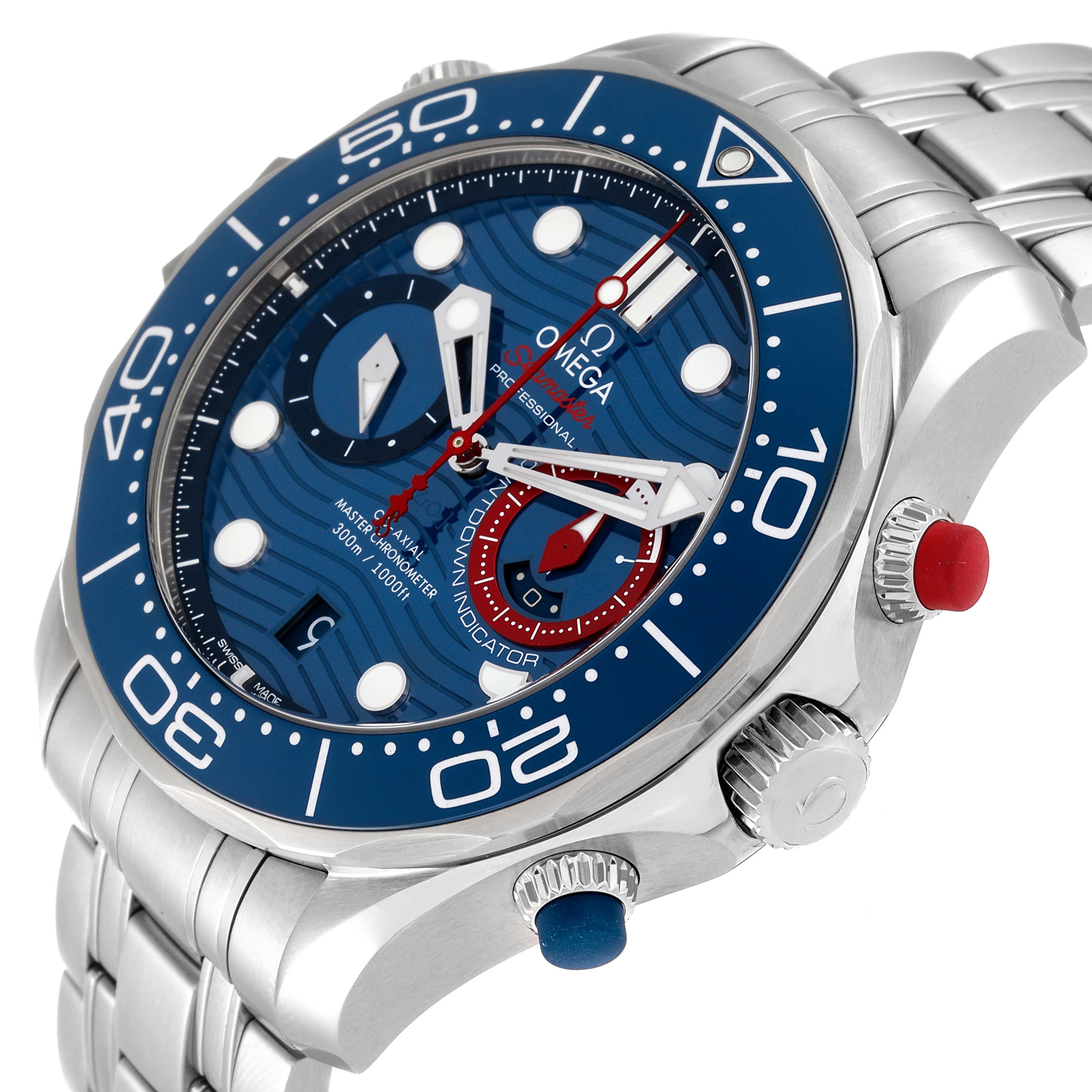 The image shows a side angle of the Omega Seamaster 210.30.44.51.03.002 Men's Stainless Steel Blue Dial 210.30.44.51.03.002 Men's Stainless Steel Blue Dial watch, highlighting its face, bezel, and crown.
