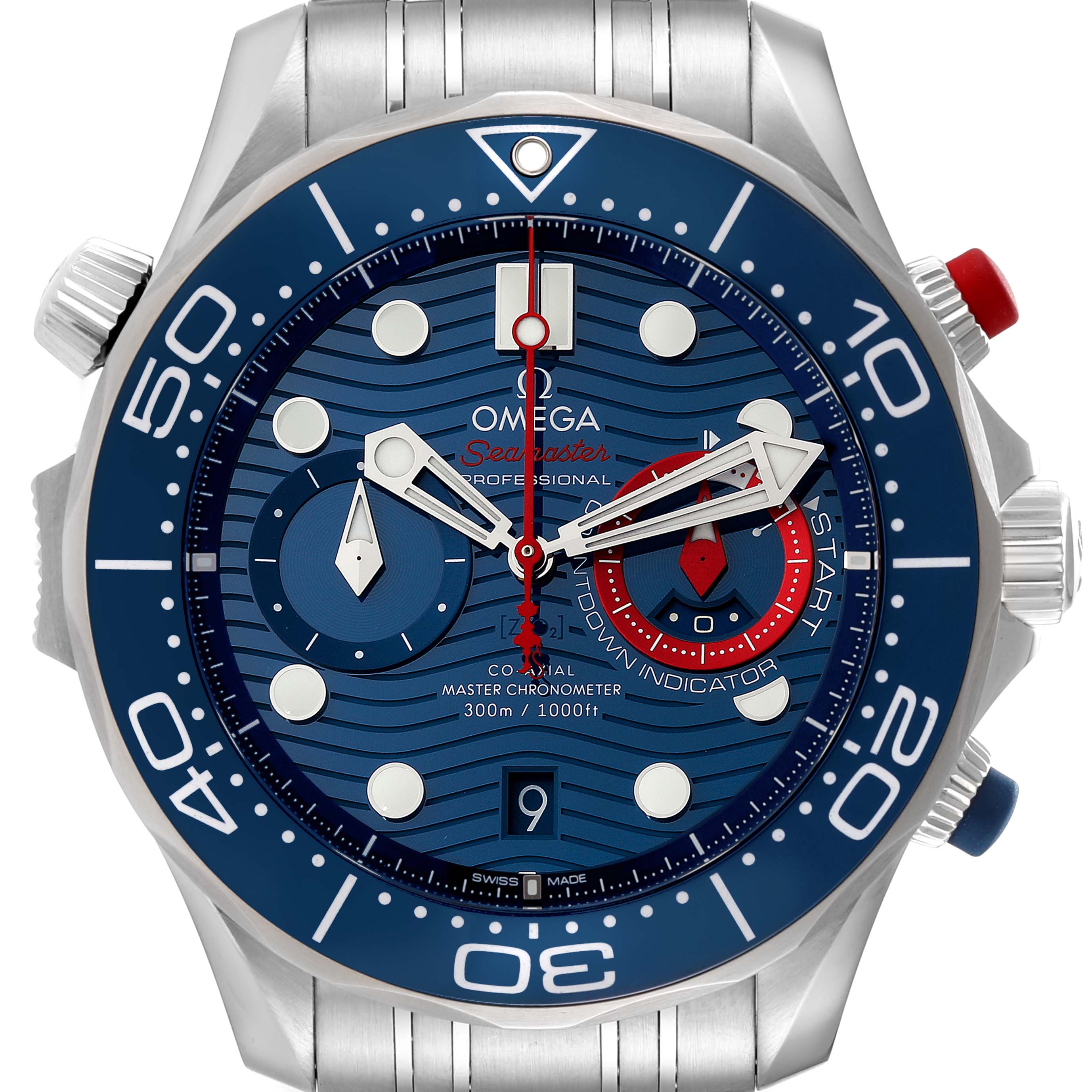 This image shows the front face and bezel of the Omega Seamaster 210.30.44.51.03.002 Men's Stainless Steel Blue Dial 210.30.44.51.03.002 Men's Stainless Steel Blue Dial watch, highlighting its dials and chronograph features.