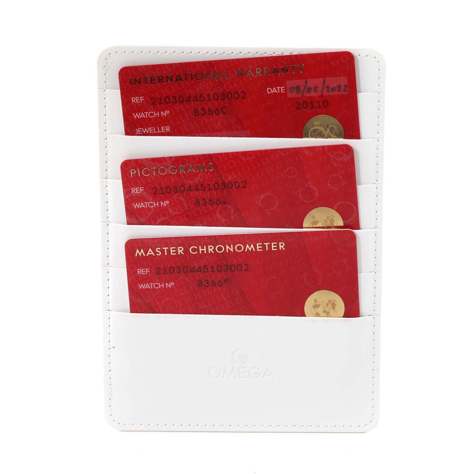 This image shows the warranty and certification cards for the Omega Seamaster 210.30.44.51.03.002 Men's Stainless Steel Blue Dial 210.30.44.51.03.002 Men's Stainless Steel Blue Dial, neatly placed in a white cardholder.