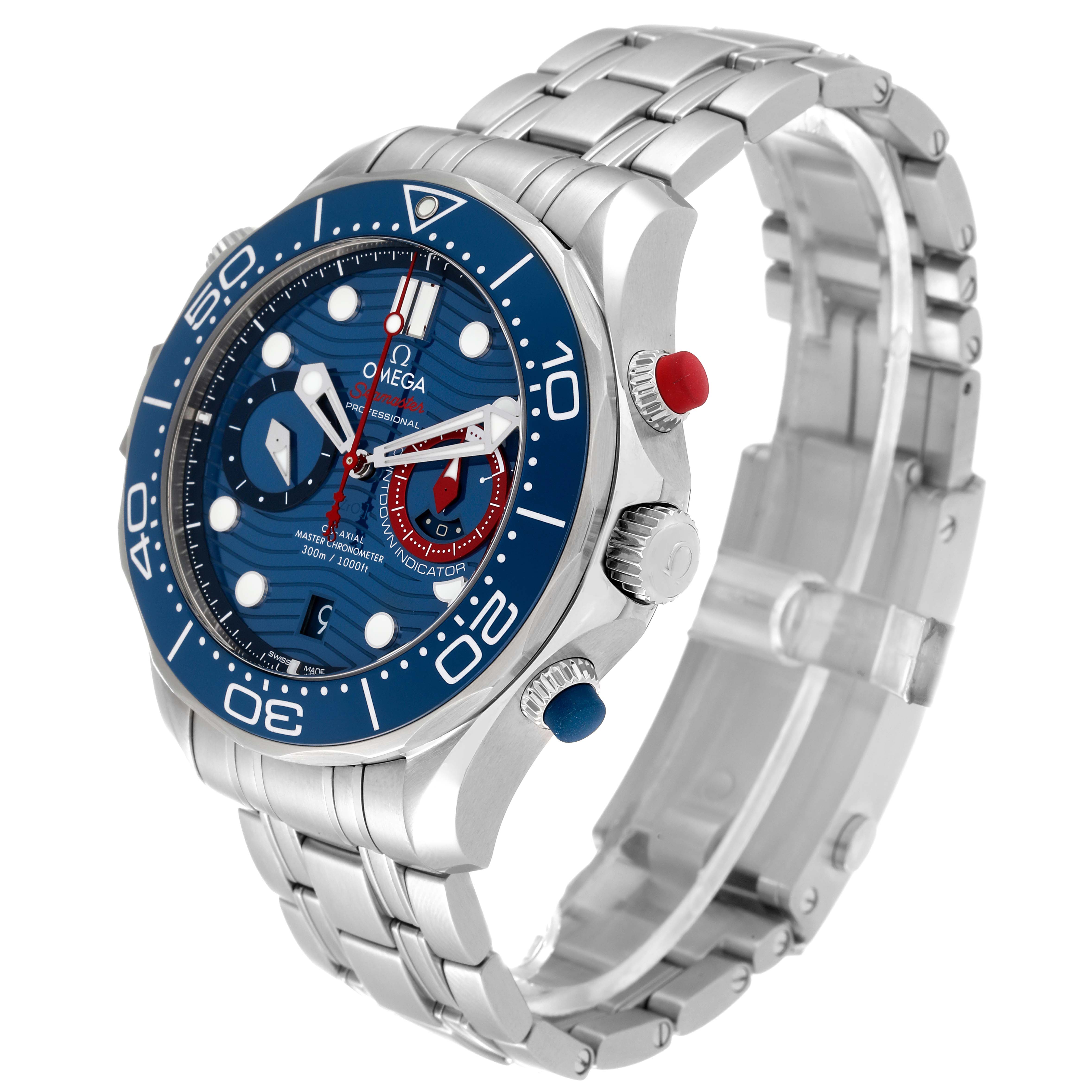 The image shows an angled view of an Omega Seamaster 210.30.44.51.03.002 Men's Stainless Steel Blue Dial 210.30.44.51.03.002 Men's Stainless Steel Blue Dial watch, highlighting the bezel, dial, pushers, and metal bracelet.