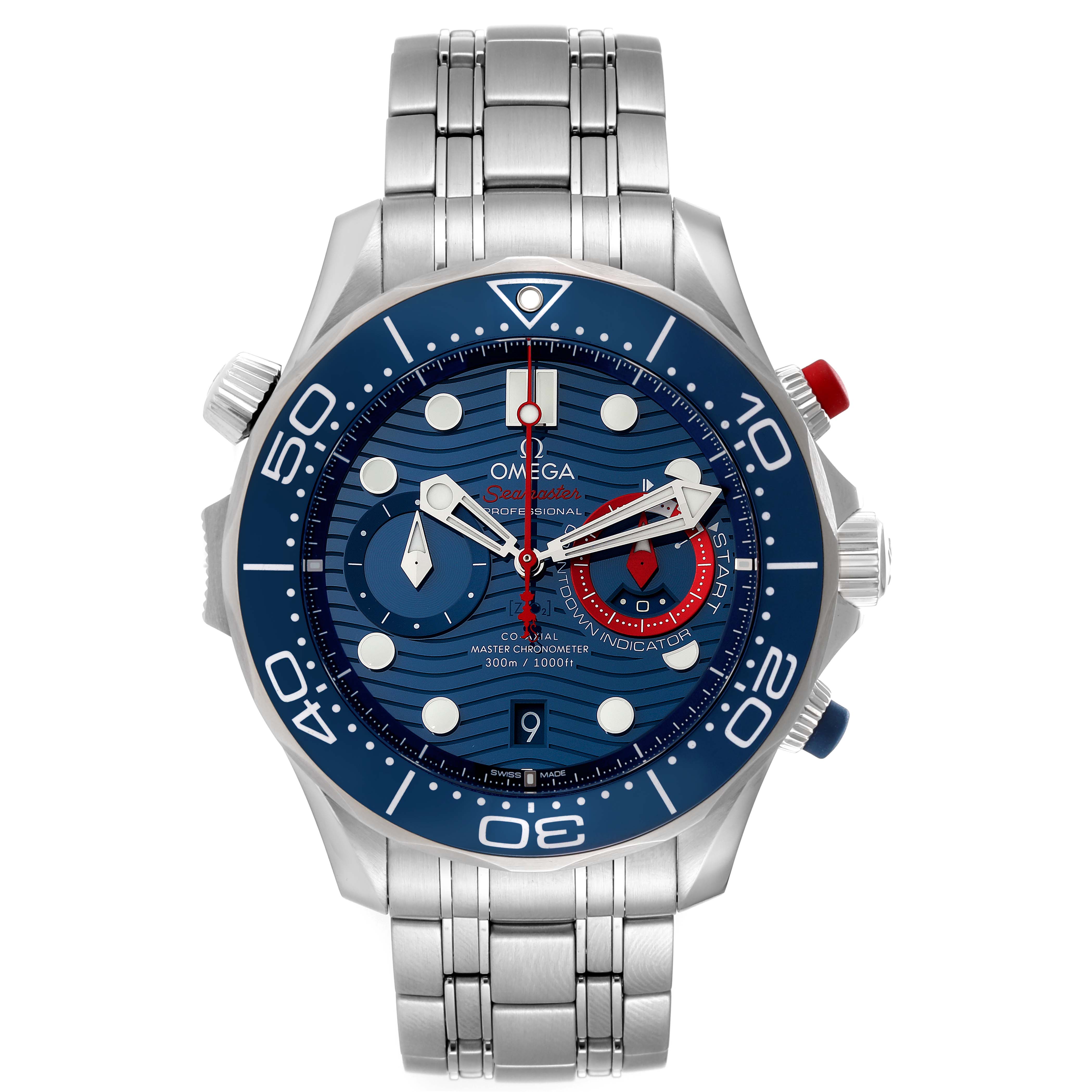 This image shows a front view of the Omega Seamaster 210.30.44.51.03.002 Men's Stainless Steel Blue Dial 210.30.44.51.03.002 Men's Stainless Steel Blue Dial watch, including its dial, bezel, and bracelet.