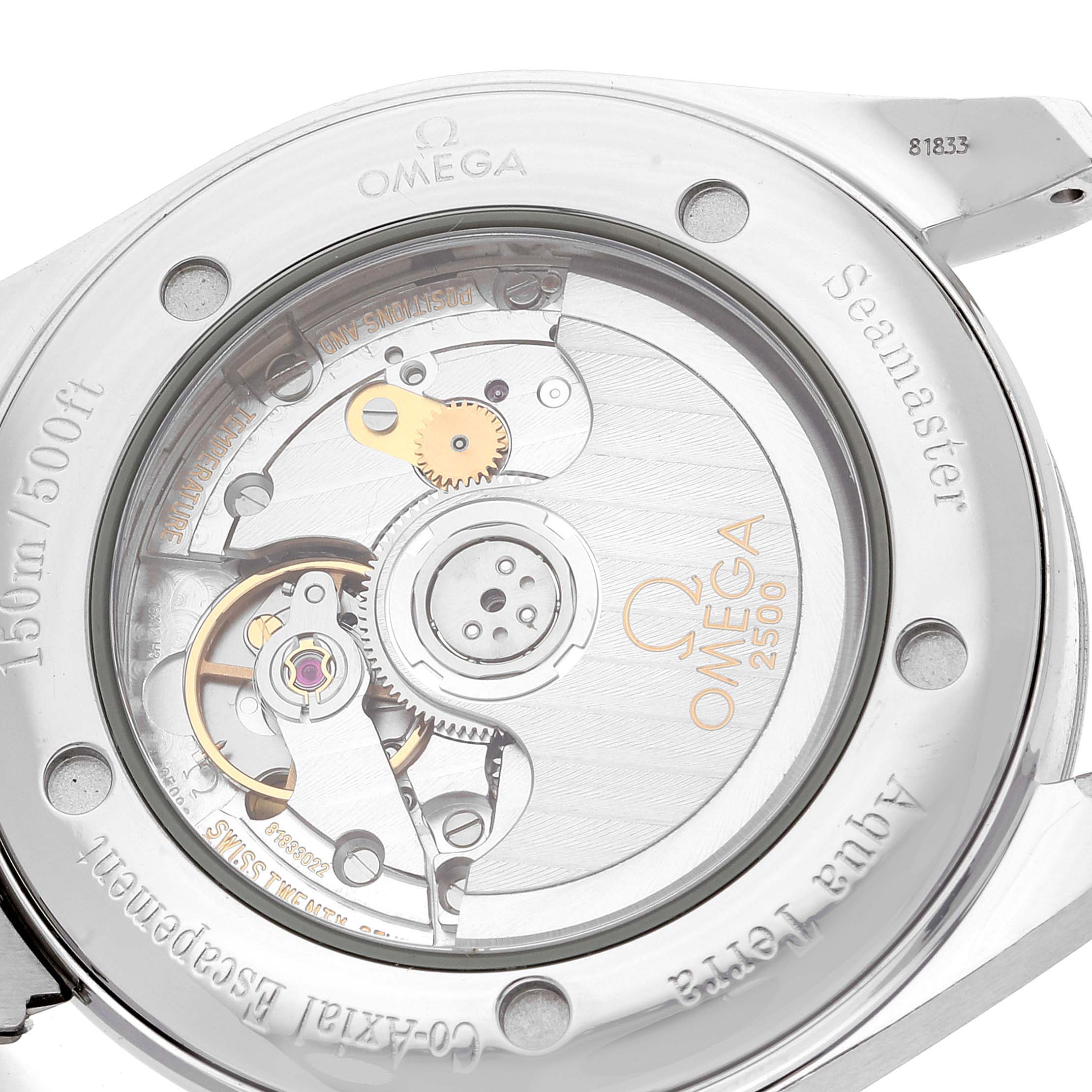 The image shows the back view of an Omega Aqua Terra 2503.33.00 Men's Stainless Steel Silver Dial 2503.33.00 Men's Stainless Steel Silver Dial model, displaying its internal mechanism and branding.
