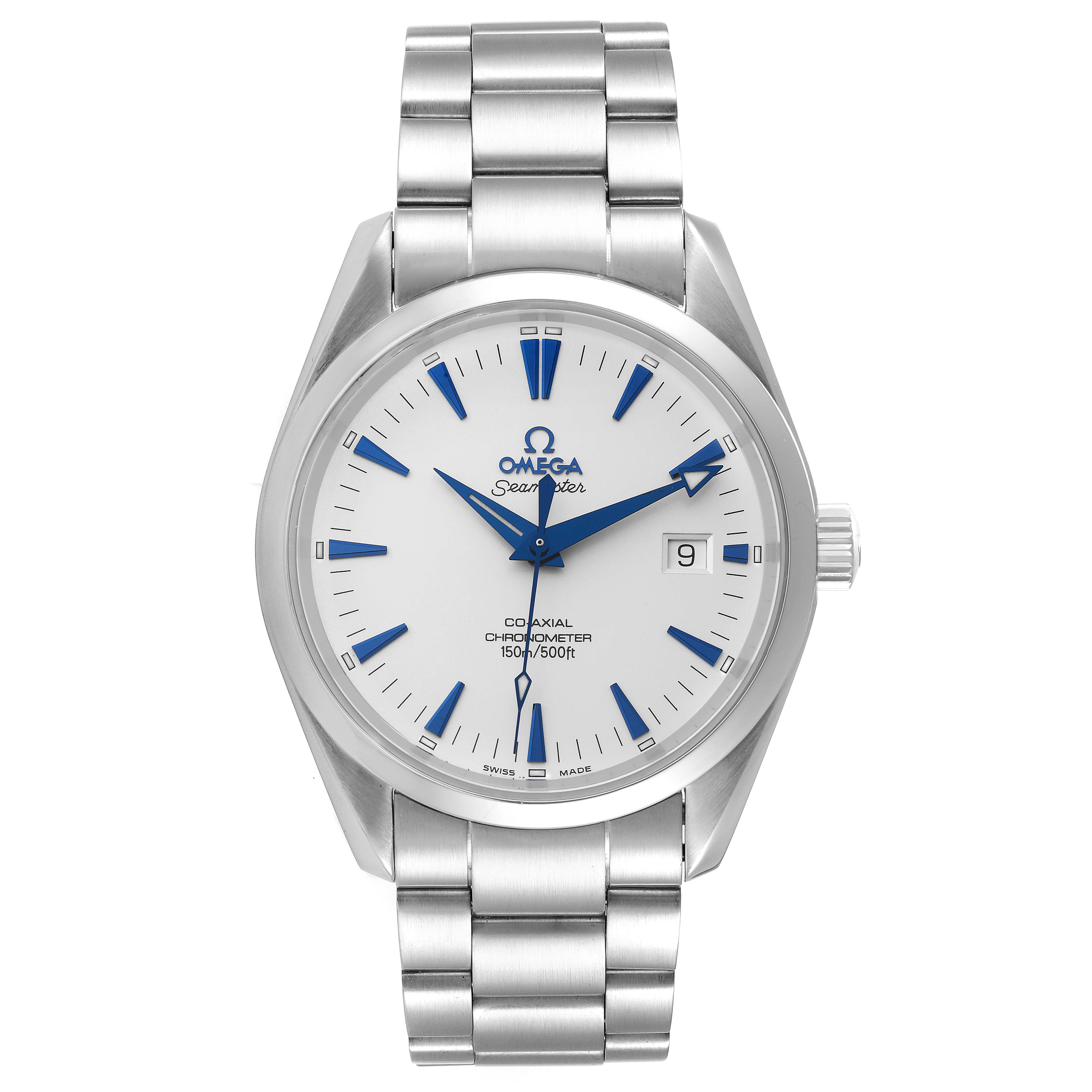 The image shows a frontal view of the Omega Aqua Terra 2503.33.00 Men's Stainless Steel Silver Dial 2503.33.00 Men's Stainless Steel Silver Dial watch, detailing its bracelet, dial, hands, and date window.
