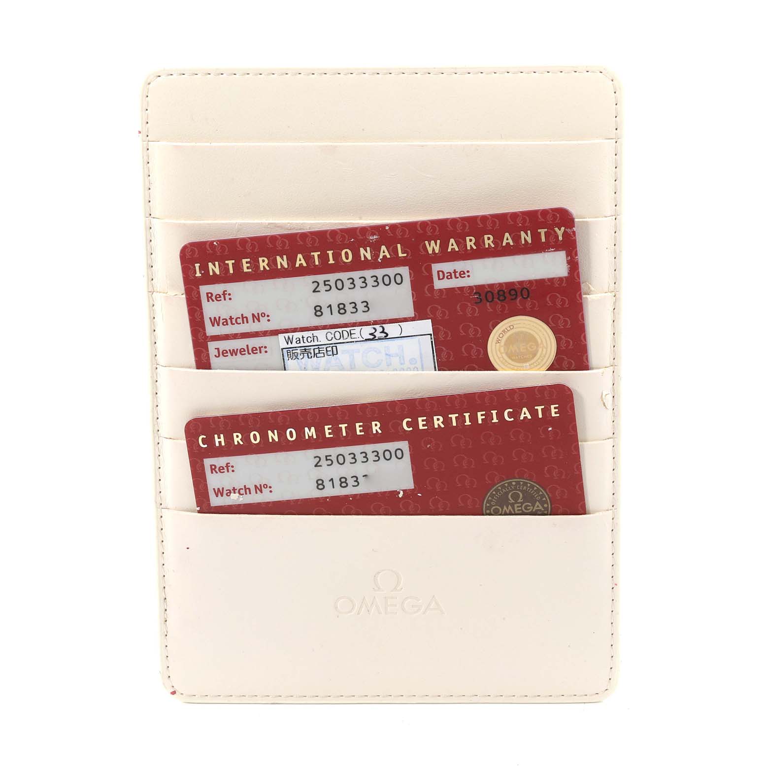 The image shows the international warranty and chronometer certificate cards for the Omega Aqua Terra 2503.33.00 Men's Stainless Steel Silver Dial 2503.33.00 Men's Stainless Steel Silver Dial model.