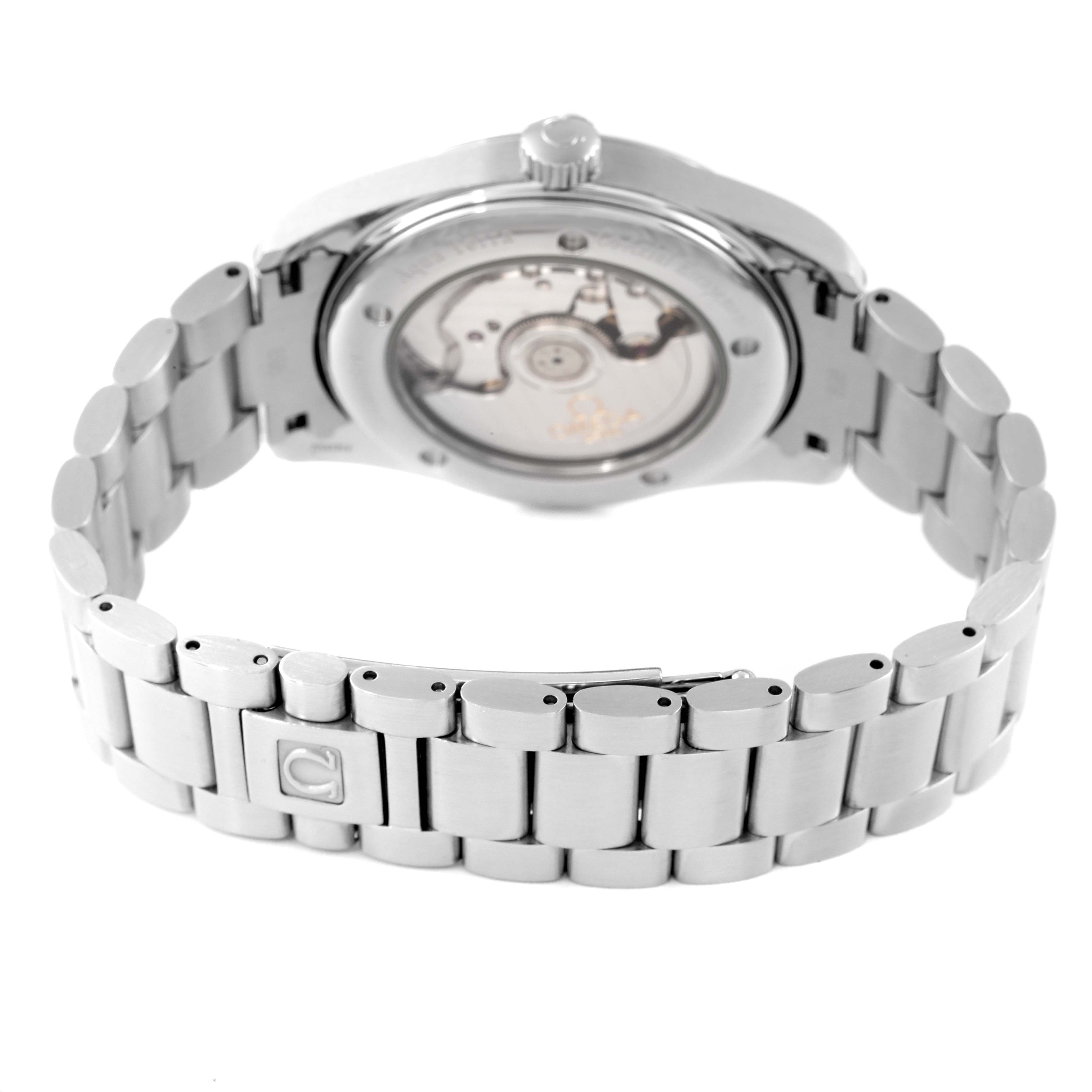 The image shows the back view of an Omega Aqua Terra 2503.33.00 Men's Stainless Steel Silver Dial 2503.33.00 Men's Stainless Steel Silver Dial watch, highlighting its stainless steel bracelet and transparent case back.