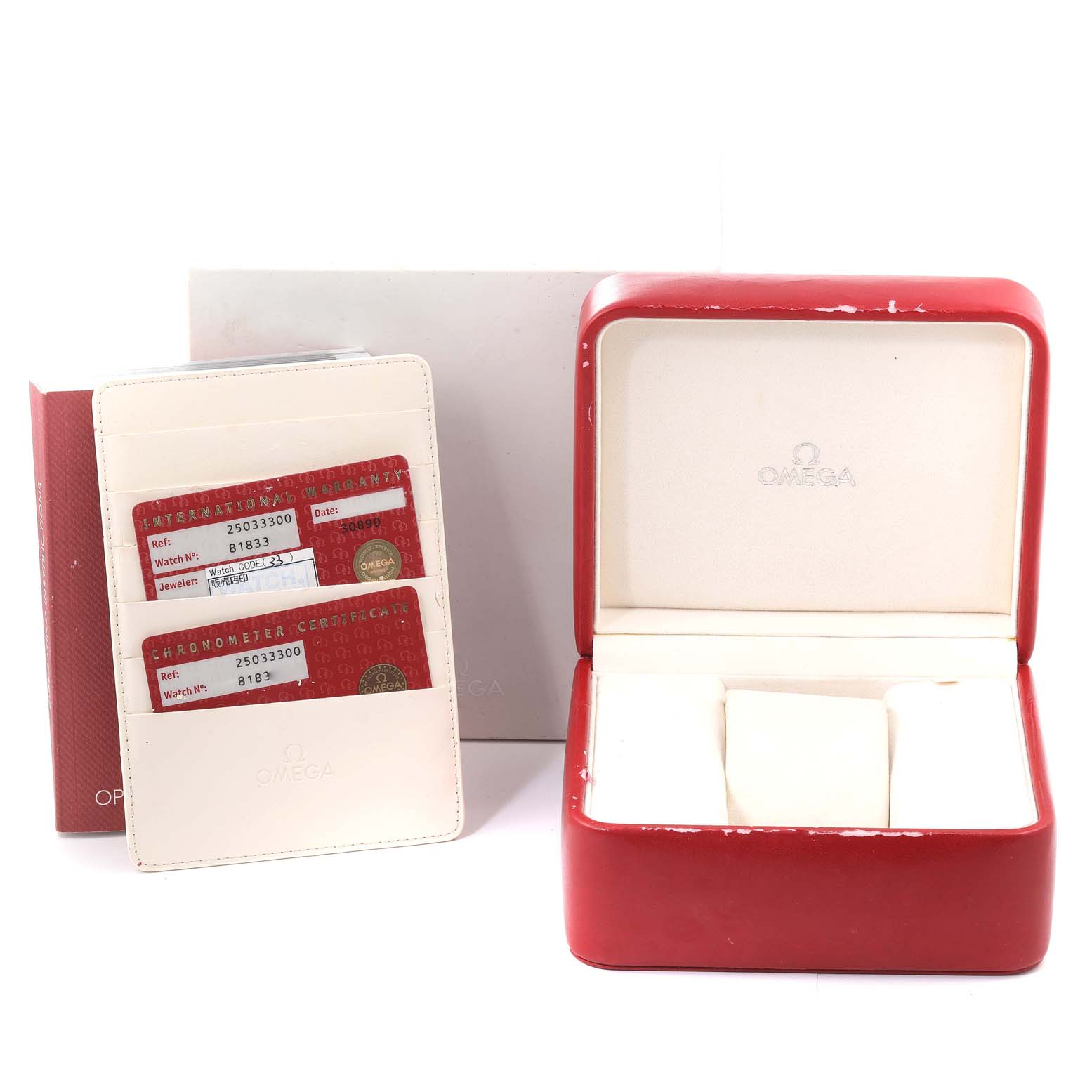 This image shows the box and certification cards for an Omega Aqua Terra 2503.33.00 Men's Stainless Steel Silver Dial 2503.33.00 Men's Stainless Steel Silver Dial watch.