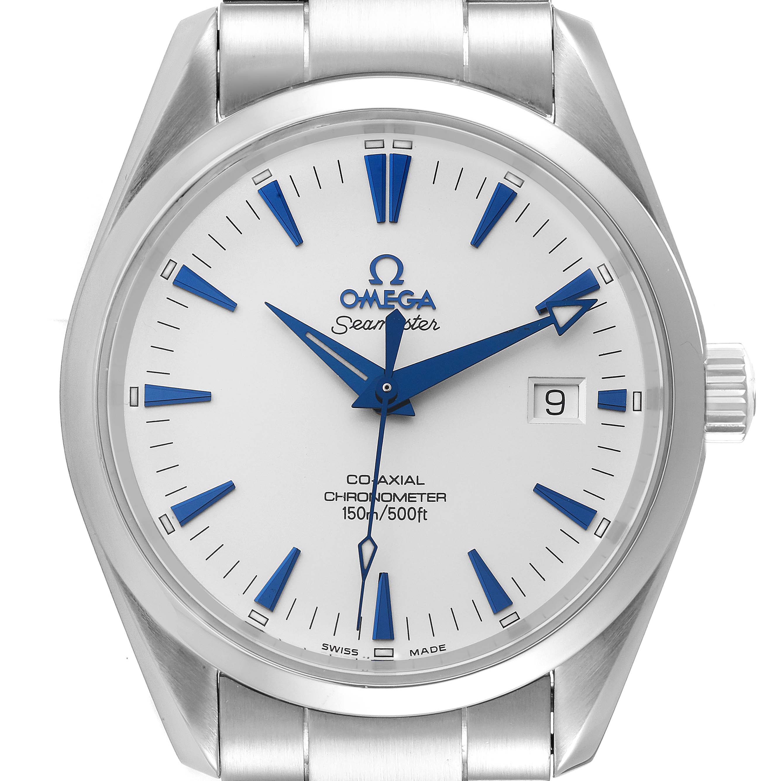 The image shows a front view of the Omega Aqua Terra 2503.33.00 Men's Stainless Steel Silver Dial 2503.33.00 Men's Stainless Steel Silver Dial watch, highlighting its dial, hands, date window, and part of its bracelet.