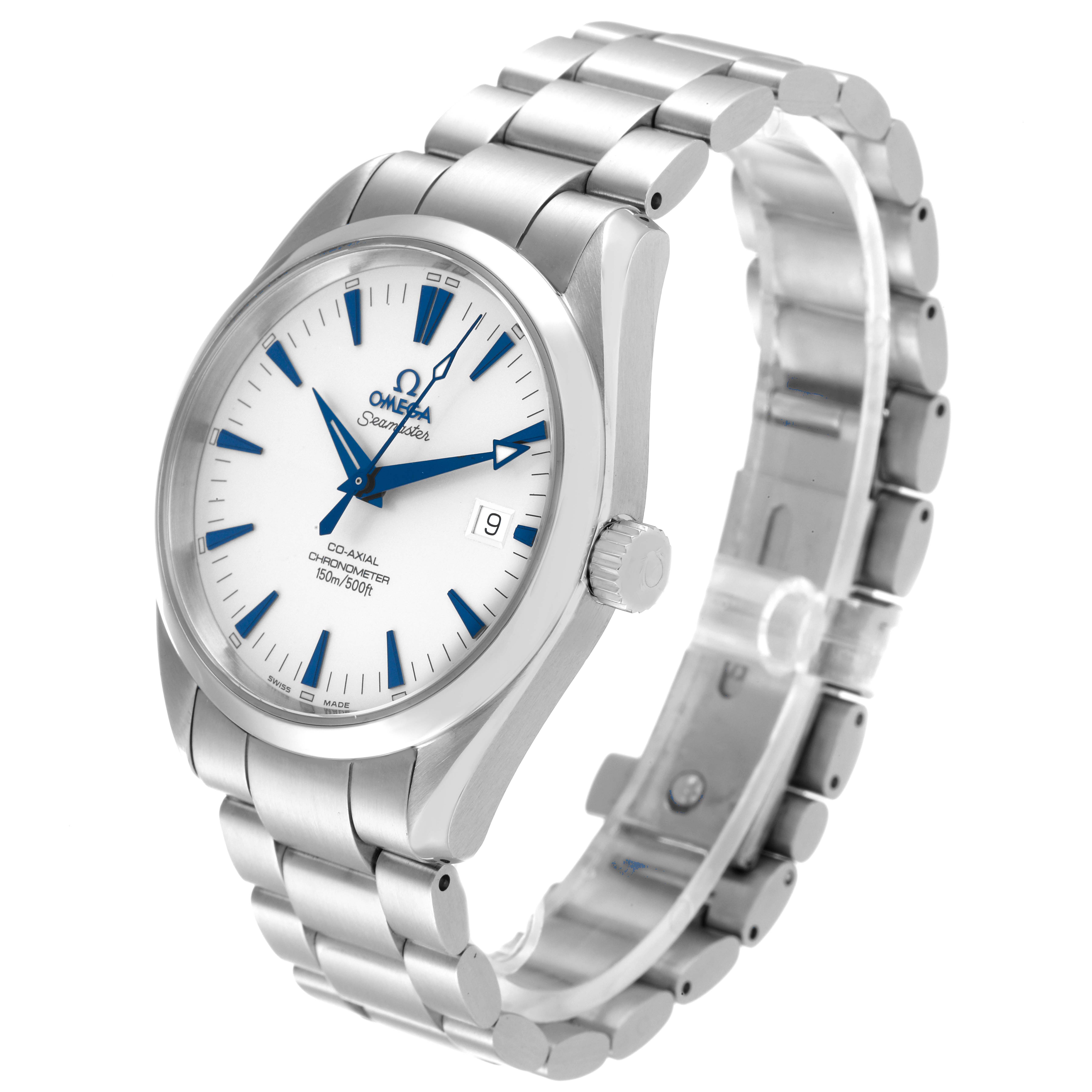 This Omega Aqua Terra 2503.33.00 Men's Stainless Steel Silver Dial 2503.33.00 Men's Stainless Steel Silver Dial watch is shown at a slight angle displaying the face, dial, crown, and bracelet.