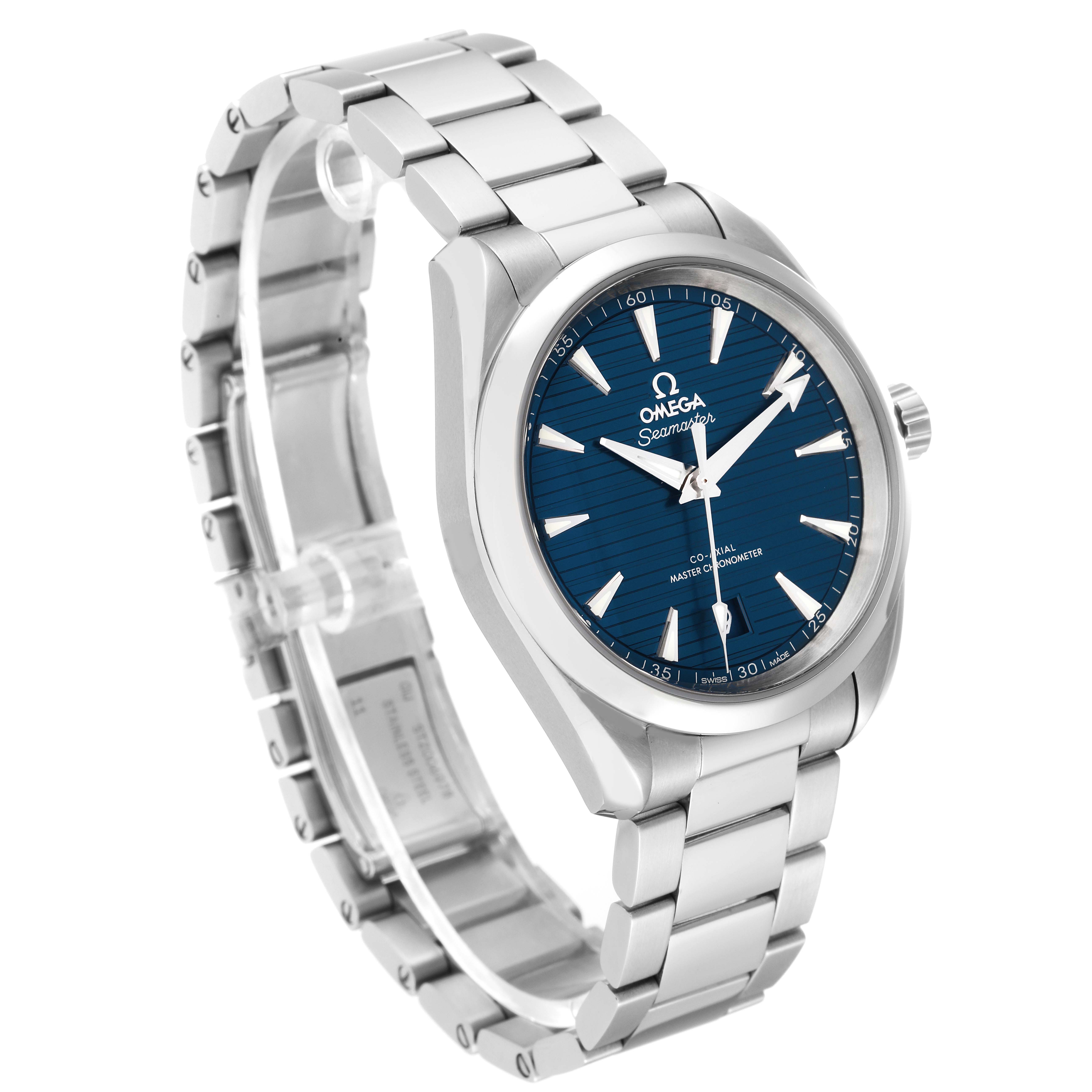 This Omega Aqua Terra 220.10.38.20.03.001 Men
s Stainless Steel Blue Dial 220.10.38.20.03.001 Men
s Stainless Steel Blue Dial watch is shown at a slight angle, displaying the face, bracelet, and partially open clasp.