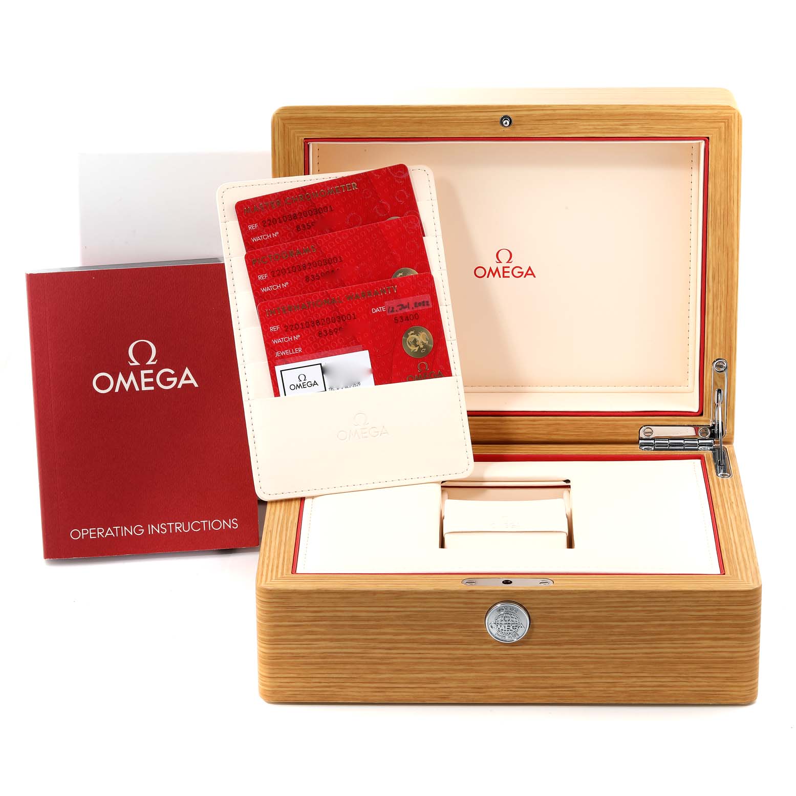 The image shows the Omega Aqua Terra 220.10.38.20.03.001 Men
s Stainless Steel Blue Dial 220.10.38.20.03.001 Men
s Stainless Steel Blue Dial watch box, warranty cards, and operating instructions at a frontal angle.