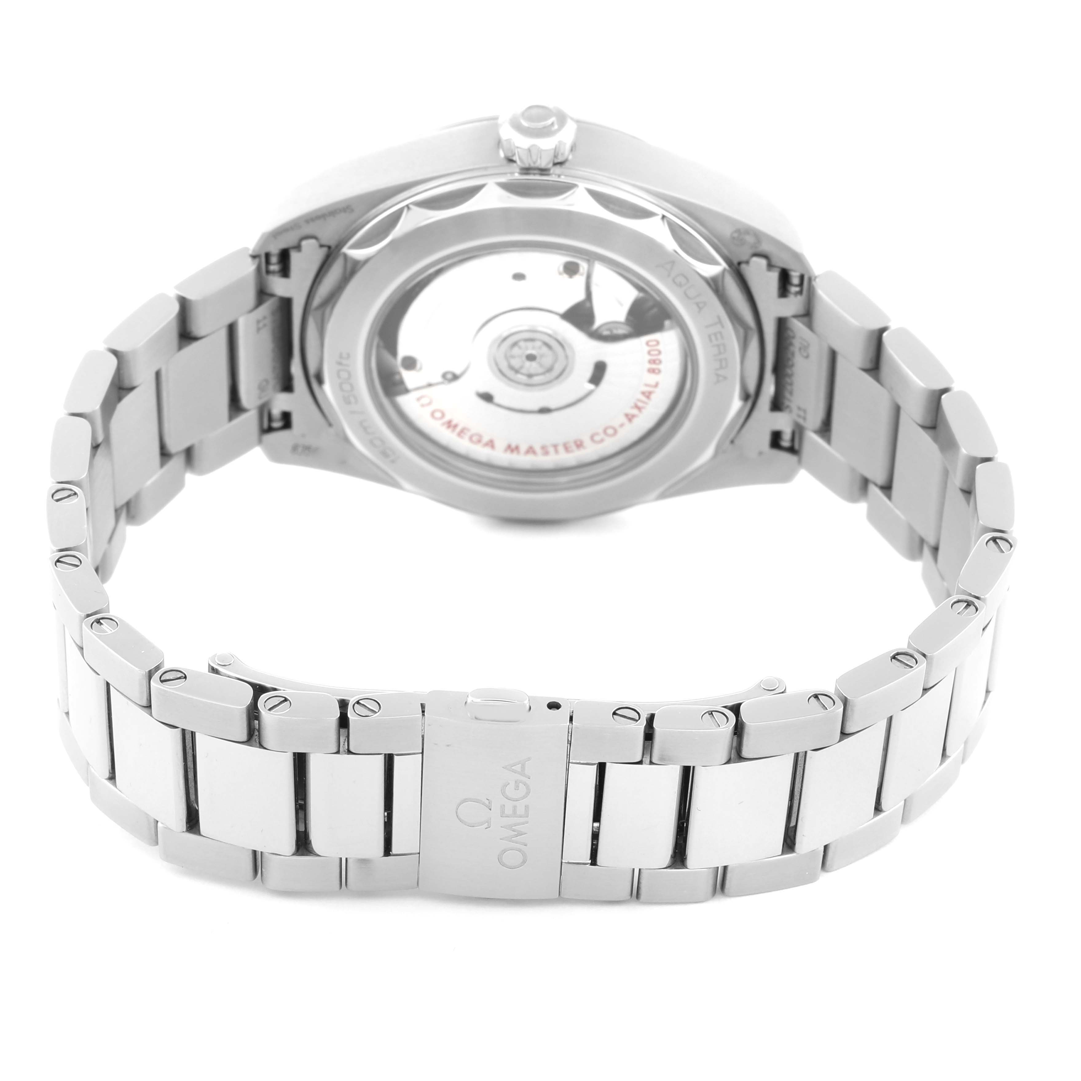 The image shows the back view of the Omega Aqua Terra 220.10.38.20.03.001 Men
s Stainless Steel Blue Dial 220.10.38.20.03.001 Men
s Stainless Steel Blue Dial watch, displaying the metal bracelet and the transparent case back.