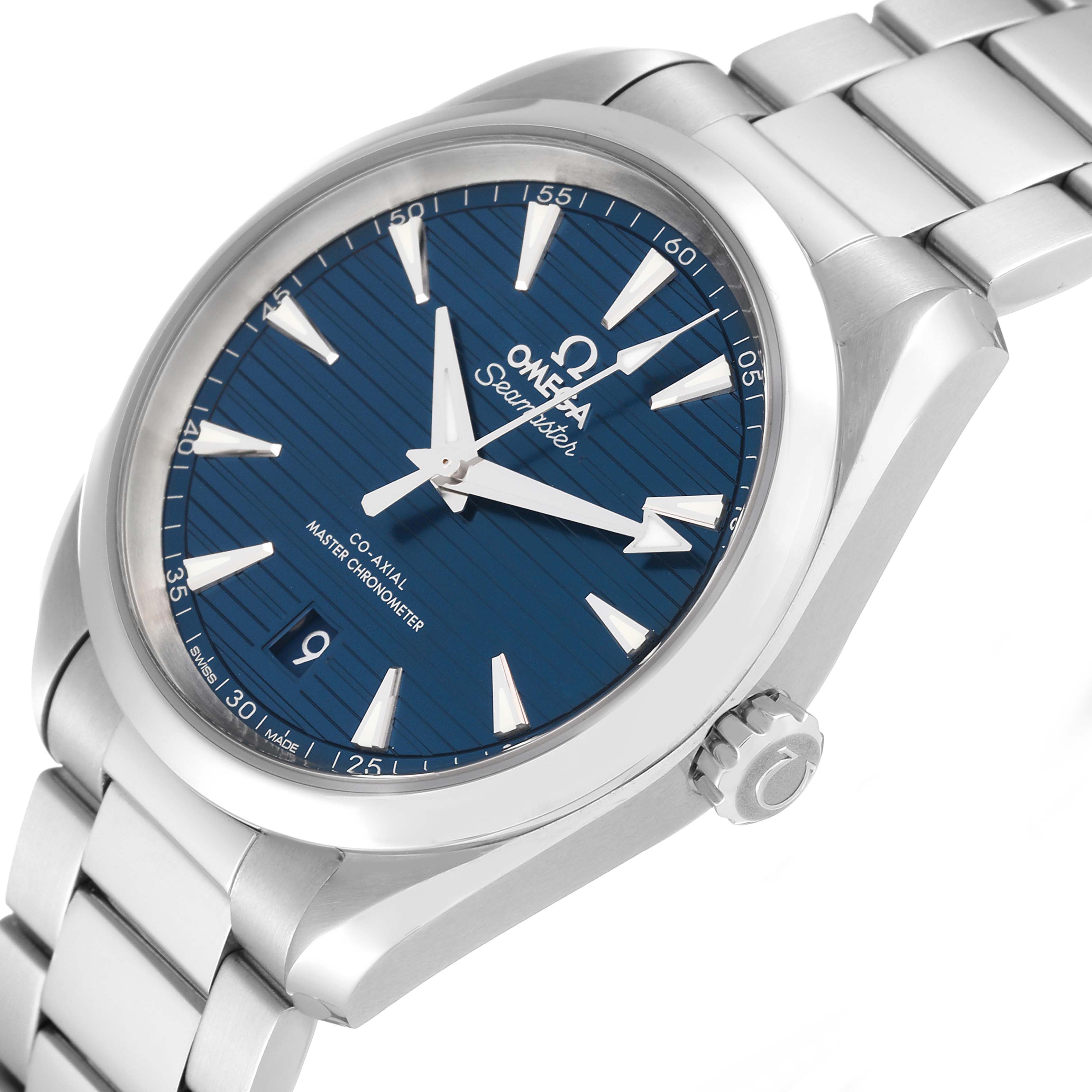 The image shows an angled side view of the Omega Aqua Terra 220.10.38.20.03.001 Men
s Stainless Steel Blue Dial 220.10.38.20.03.001 Men
s Stainless Steel Blue Dial watch face, bracelet, and crown.