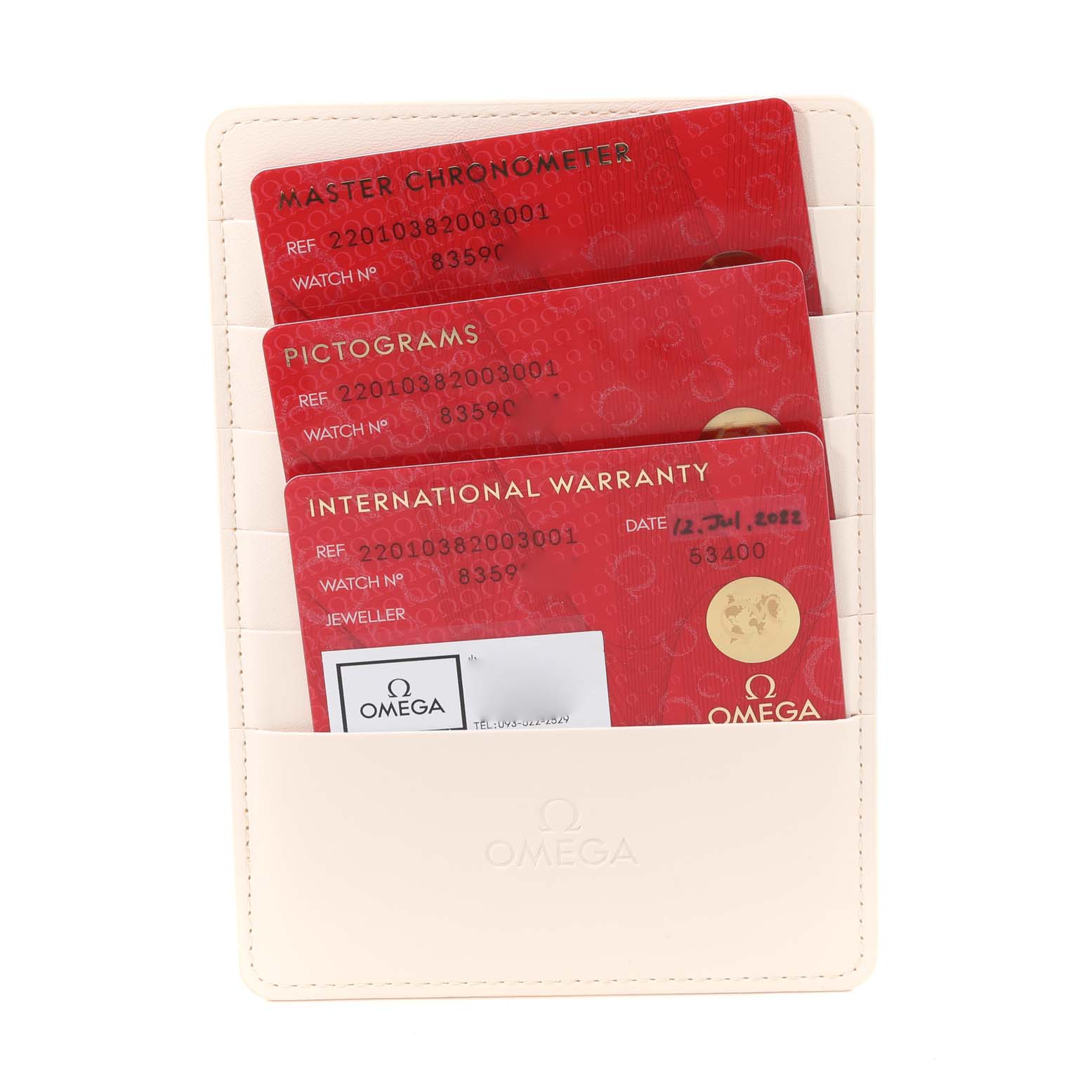 The image shows warranty and certification cards for the Omega Aqua Terra 220.10.38.20.03.001 Men
s Stainless Steel Blue Dial 220.10.38.20.03.001 Men
s Stainless Steel Blue Dial model in a beige cardholder.