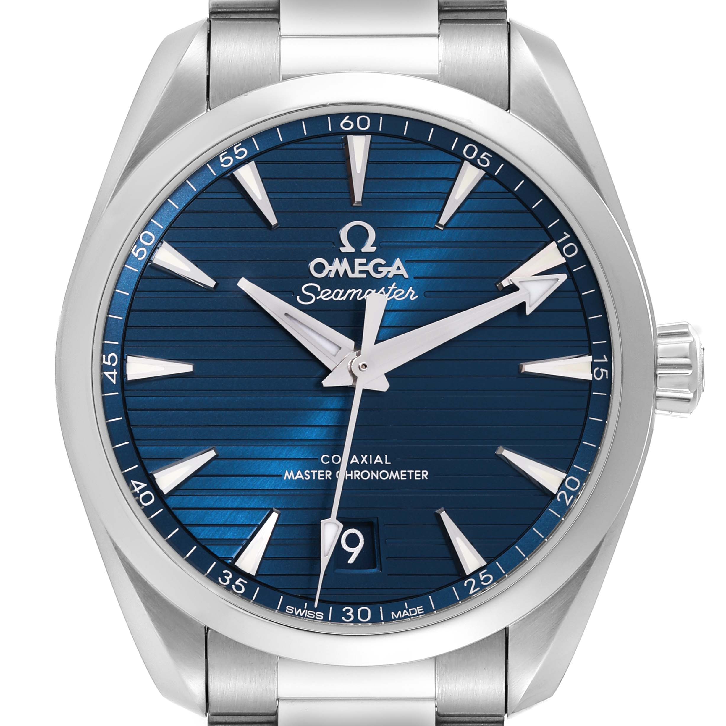 The image shows a frontal view of the Omega Aqua Terra 220.10.38.20.03.001 Men
s Stainless Steel Blue Dial 220.10.38.20.03.001 Men
s Stainless Steel Blue Dial Seamaster watch, highlighting its dial, hands, and bracelet.
