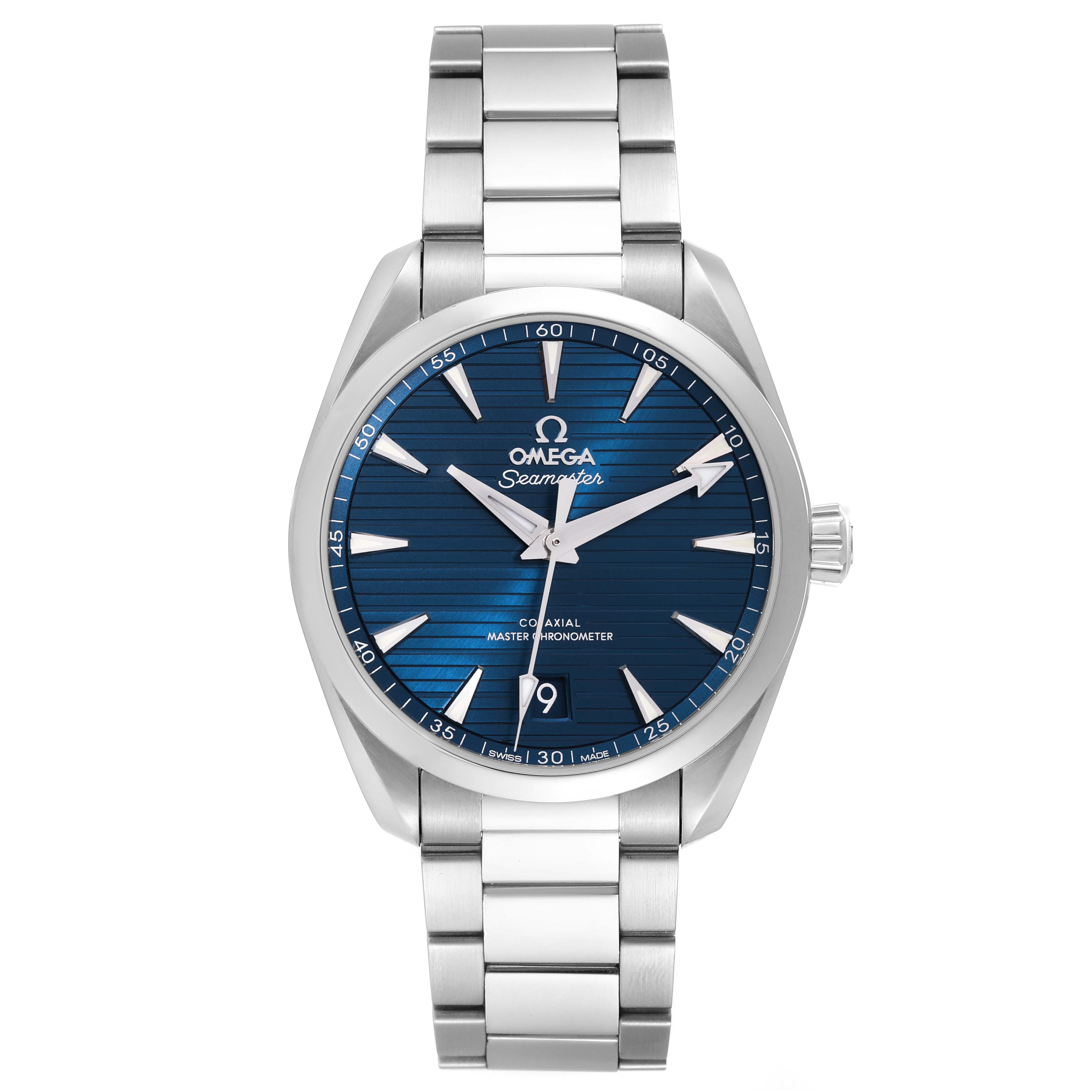 The Omega Aqua Terra 220.10.38.20.03.001 Men
s Stainless Steel Blue Dial 220.10.38.20.03.001 Men
s Stainless Steel Blue Dial watch is shown from a front angle, displaying its blue dial, hour markers, and metal bracelet.