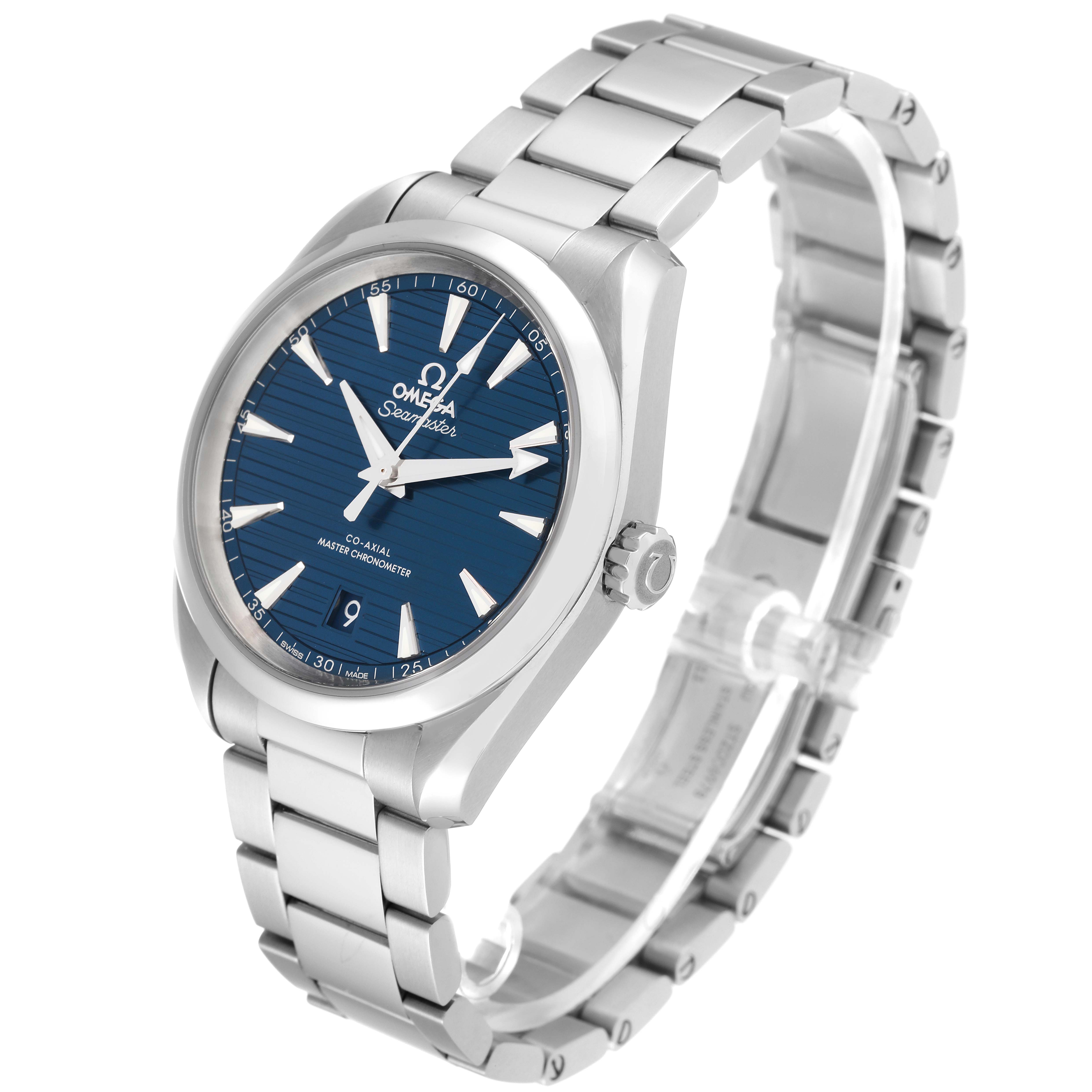 The Aqua Terra Omega watch is shown angled from the front and side, displaying its blue dial, crown, and stainless steel bracelet.