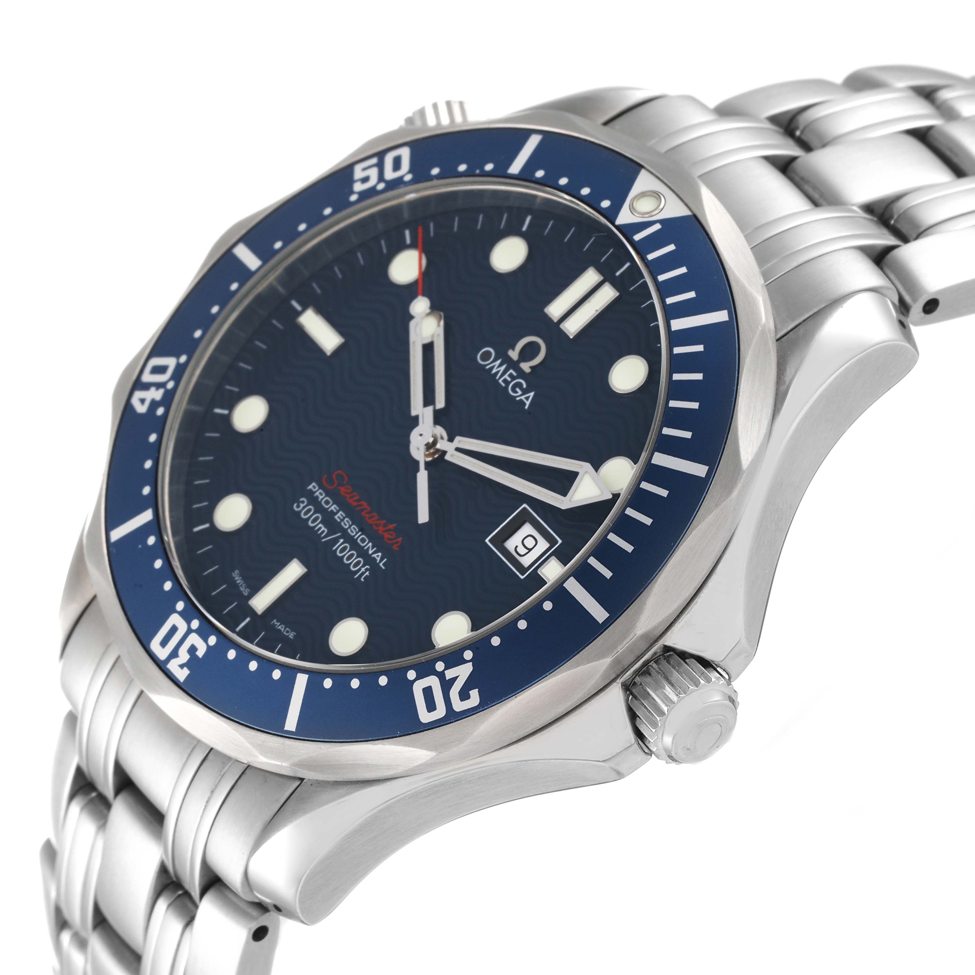 The image showcases an Omega Seamaster 2221.80.00 Men's Stainless Steel Blue Dial 2221.80.00 Men's Stainless Steel Blue Dial watch angled to highlight its dial, bezel, crown, and part of the bracelet.