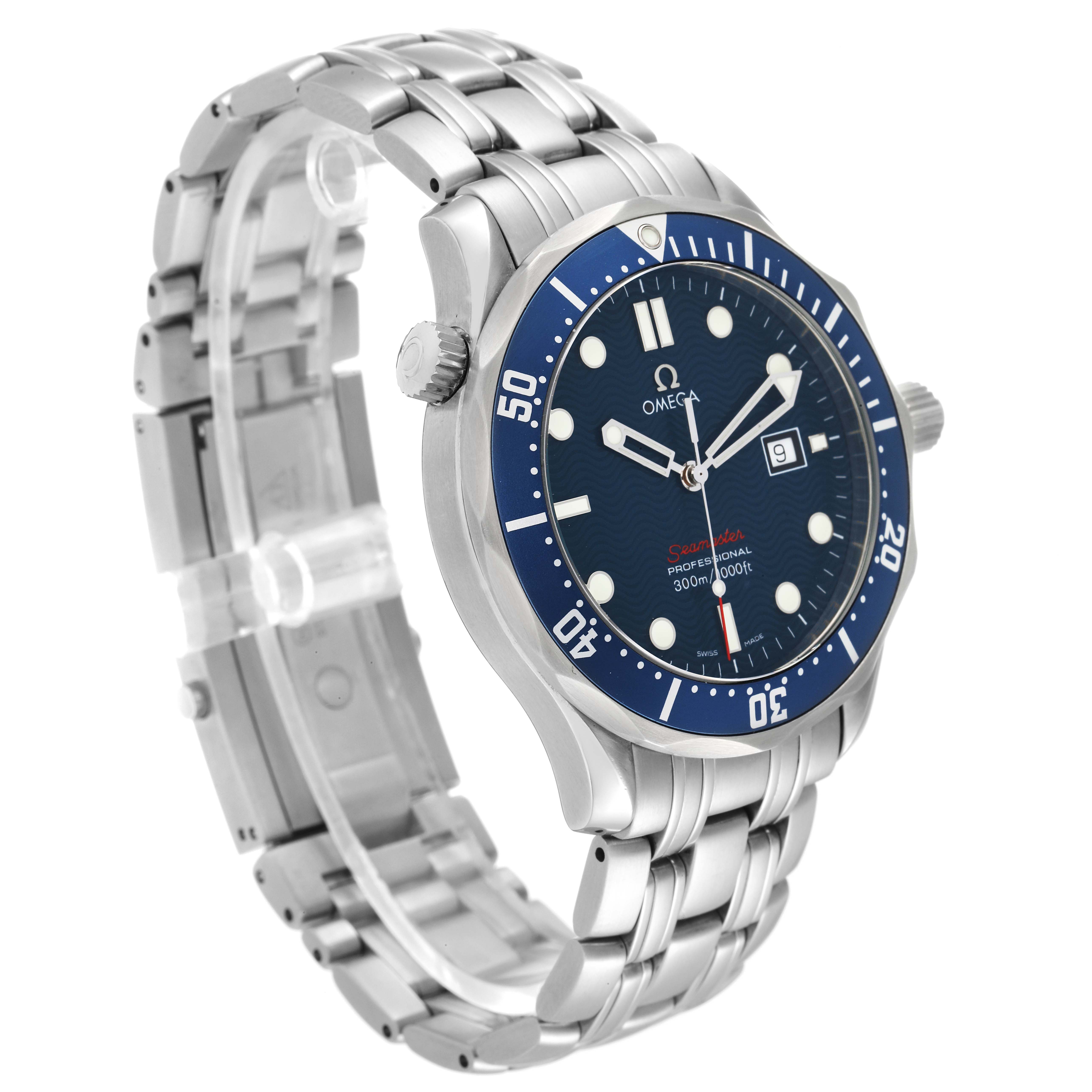 The Omega Seamaster 2221.80.00 Men's Stainless Steel Blue Dial 2221.80.00 Men's Stainless Steel Blue Dial watch is shown at a three-quarter angle, highlighting the face, bezel, crown, and metal bracelet.