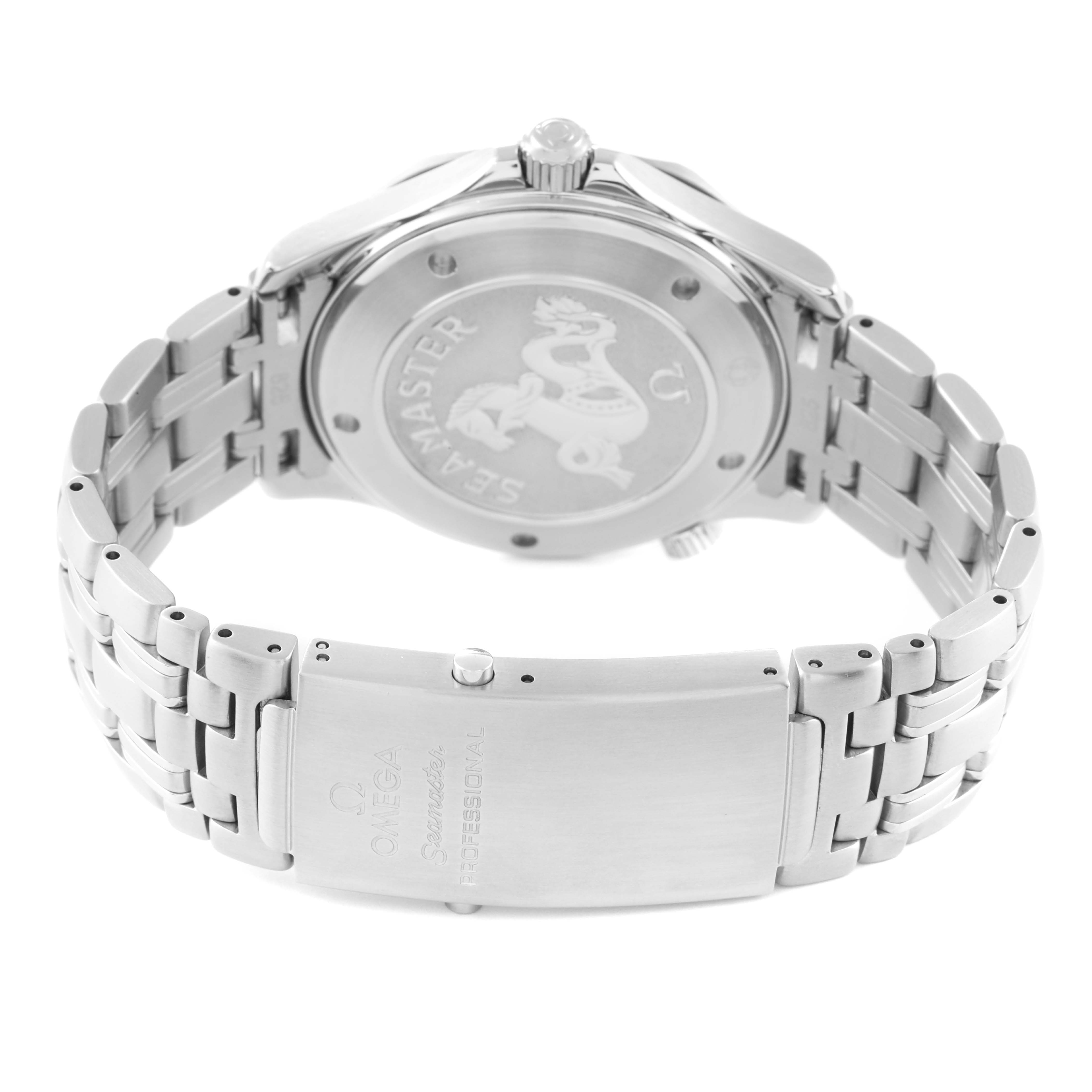 The image shows the back and clasp of an Omega Seamaster 2221.80.00 Men's Stainless Steel Blue Dial 2221.80.00 Men's Stainless Steel Blue Dial watch, highlighting the case back design and metal bracelet.