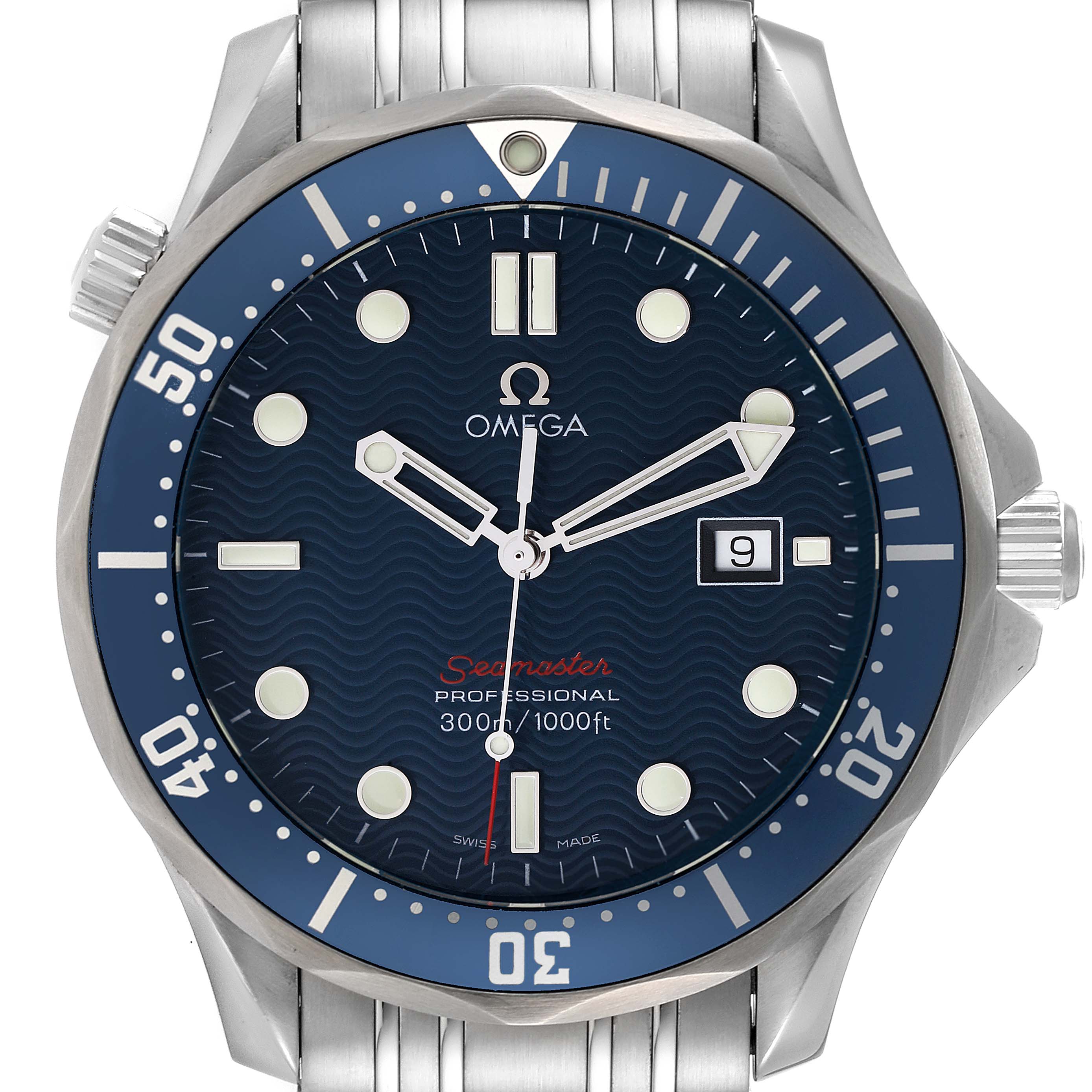 The image shows a front view of an Omega Seamaster 2221.80.00 Men's Stainless Steel Blue Dial 2221.80.00 Men's Stainless Steel Blue Dial watch, highlighting its dial, bezel, hands, and bracelet.