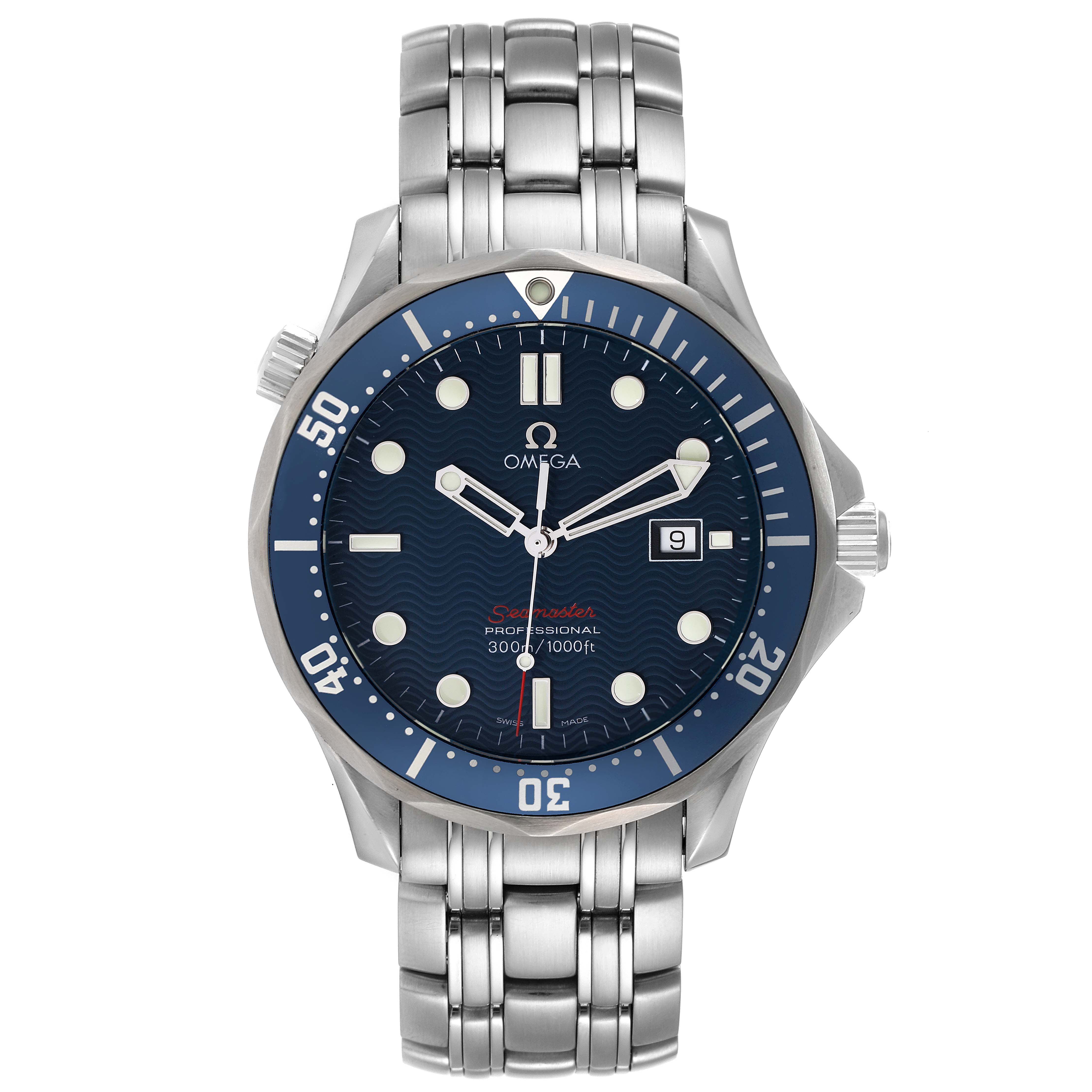 This image shows a front view of the Omega Seamaster 2221.80.00 Men's Stainless Steel Blue Dial 2221.80.00 Men's Stainless Steel Blue Dial watch, highlighting its dial, bezel, bracelet, and crown.