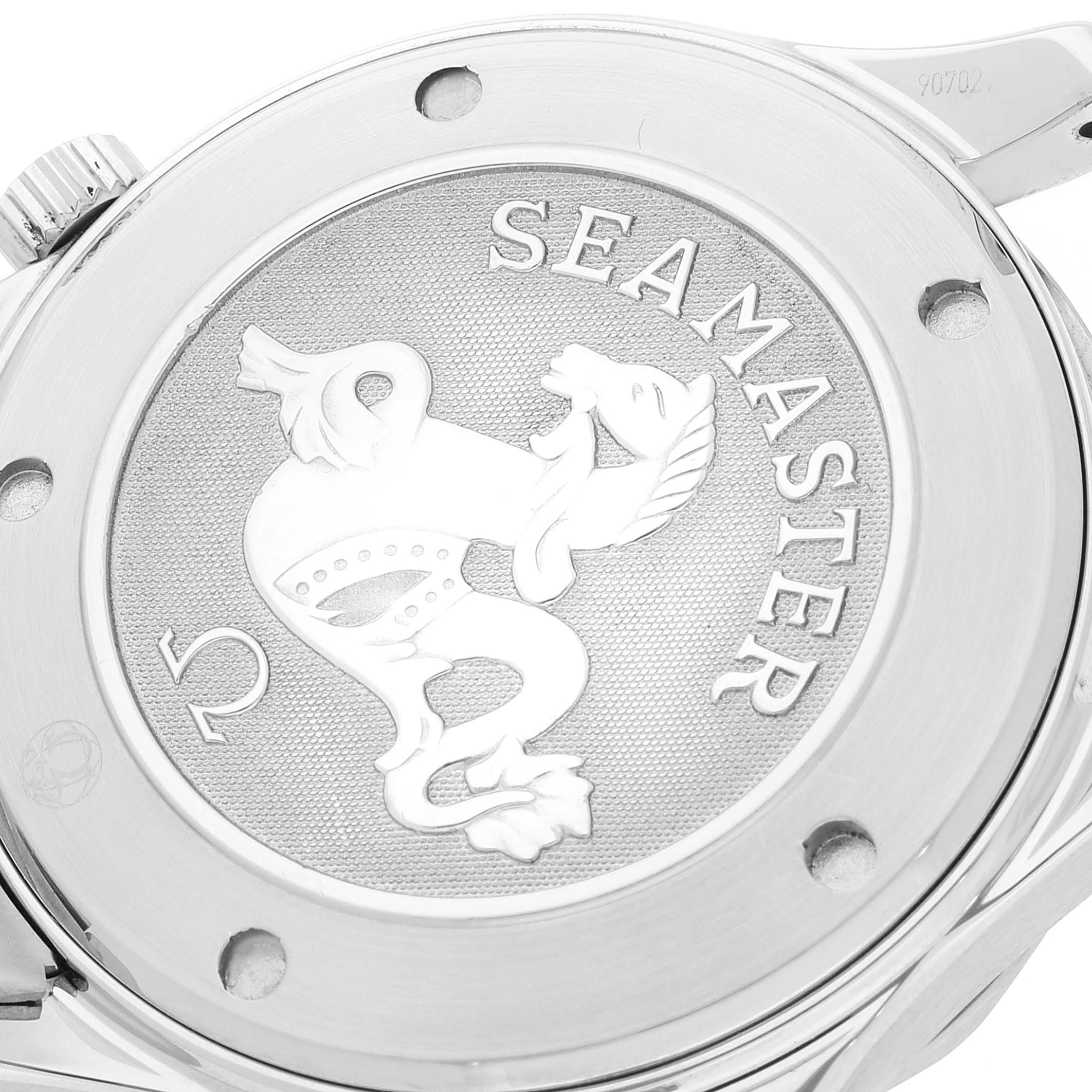 The image shows the back case of an Omega Seamaster 2221.80.00 Men's Stainless Steel Blue Dial 2221.80.00 Men's Stainless Steel Blue Dial watch, highlighting its logo and "SEAMASTER" text.