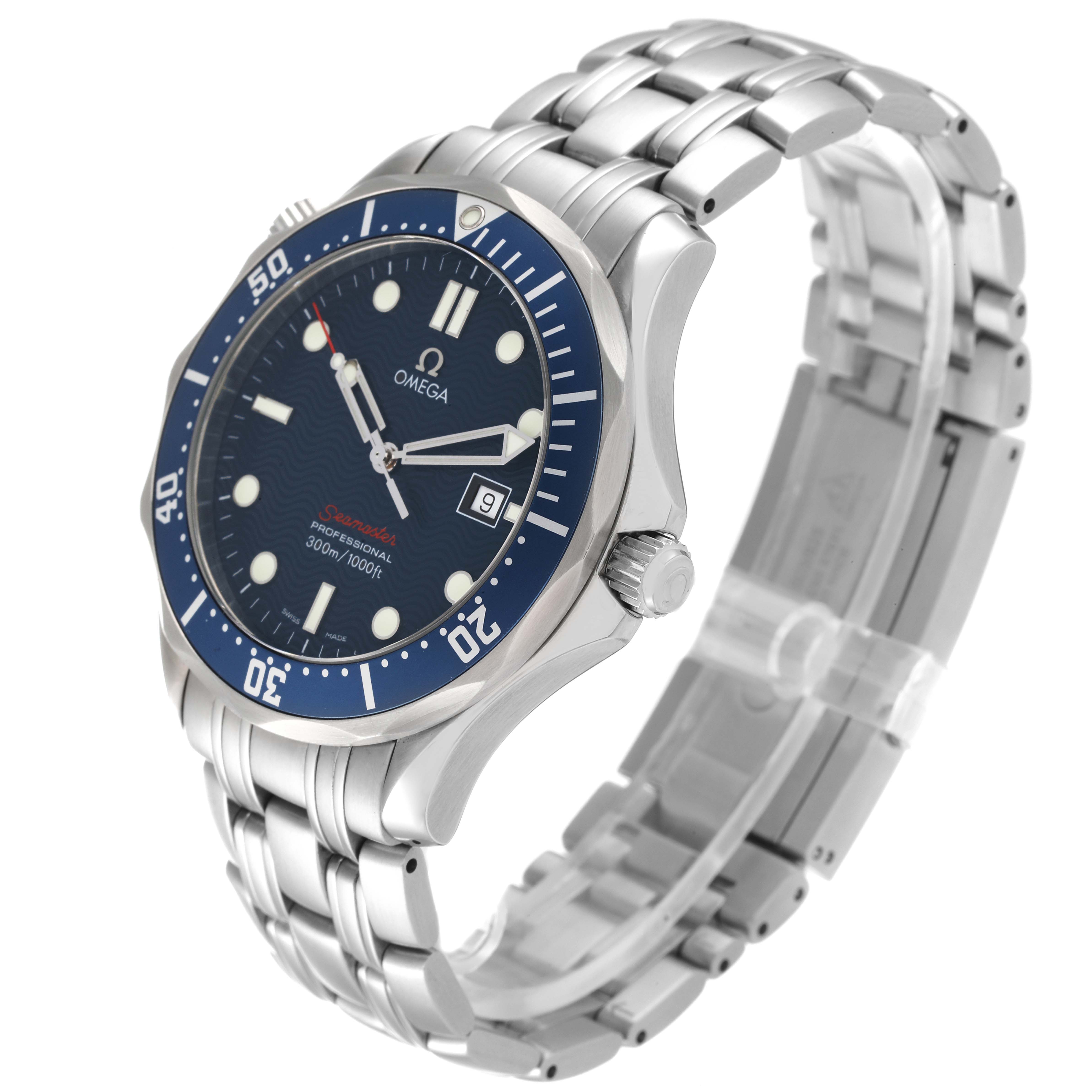 The image shows an angled view of an Omega Seamaster 2221.80.00 Men's Stainless Steel Blue Dial 2221.80.00 Men's Stainless Steel Blue Dial watch displaying its face, bezel, crown, and bracelet.