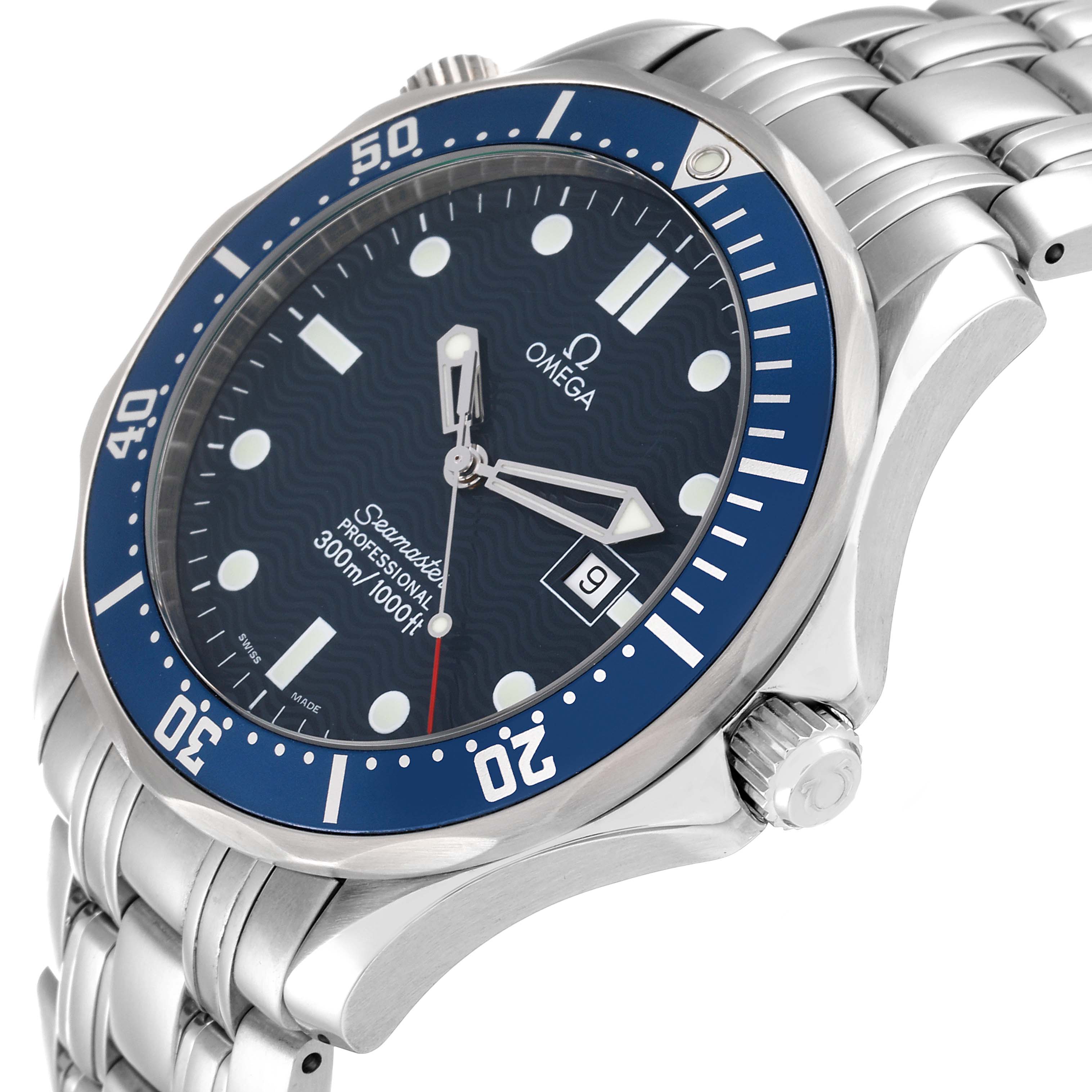 This image shows an angled view of the Omega Seamaster 2541.80.00 Men's Stainless Steel Blue Dial 2541.80.00 Men's Stainless Steel Blue Dial watch, displaying the dial, bezel, lugs, crown, and part of the bracelet.