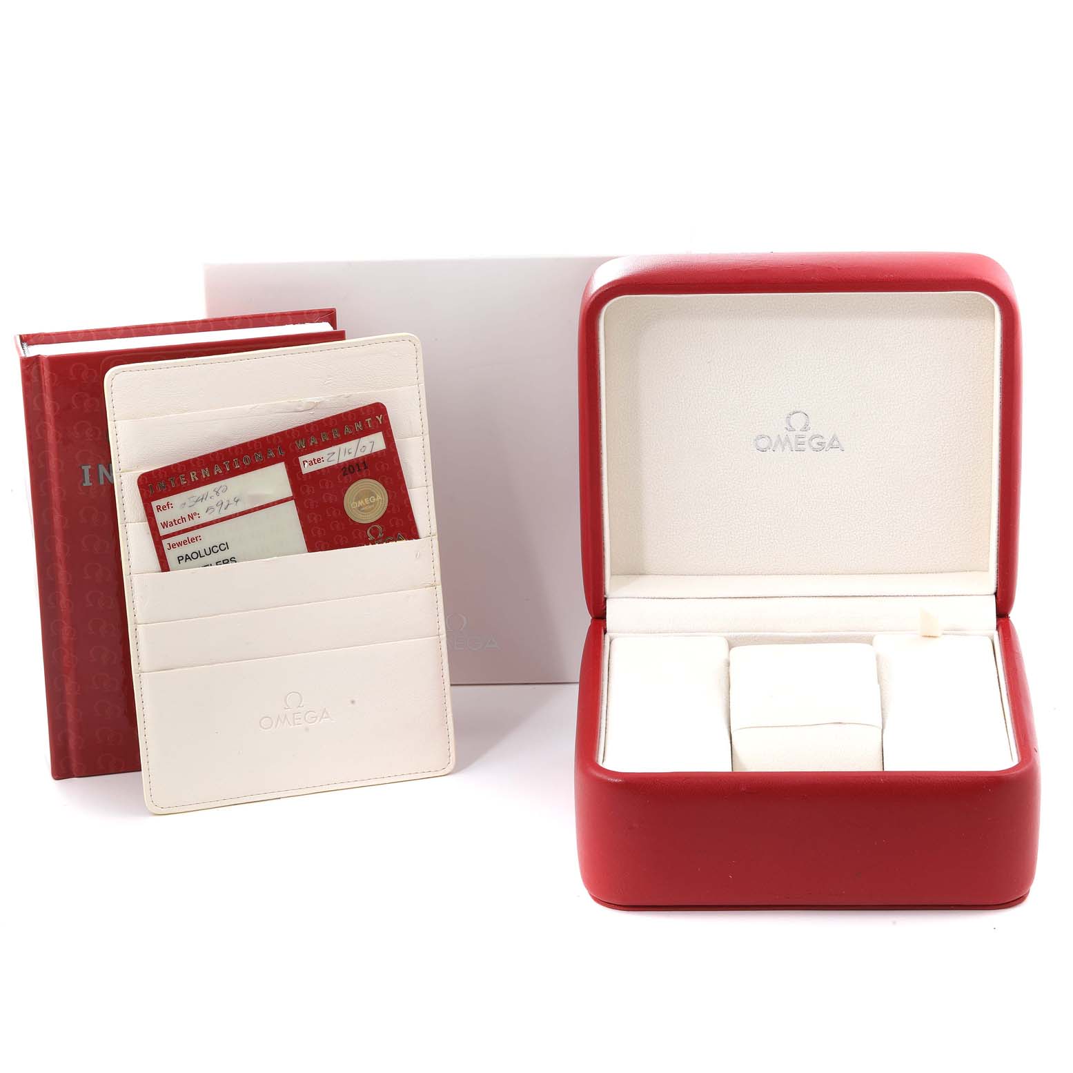 The image shows an Omega Seamaster 2541.80.00 Men's Stainless Steel Blue Dial 2541.80.00 Men's Stainless Steel Blue Dial watch box, warranty card holder, and instruction manual.